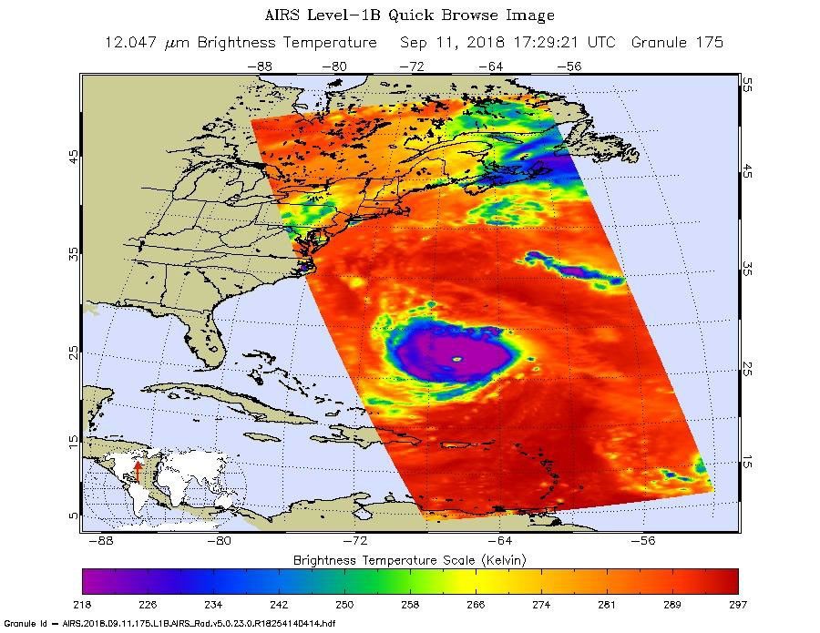This image, taken on Sept. 11, 2018 by NASA's Aqua satellite shows Hurricane Florence whose strong winds are expected to reach the Carolina coast late Thursday. Florence intensified from a Category 2 to a Category 4 storm in a matter of hours.
