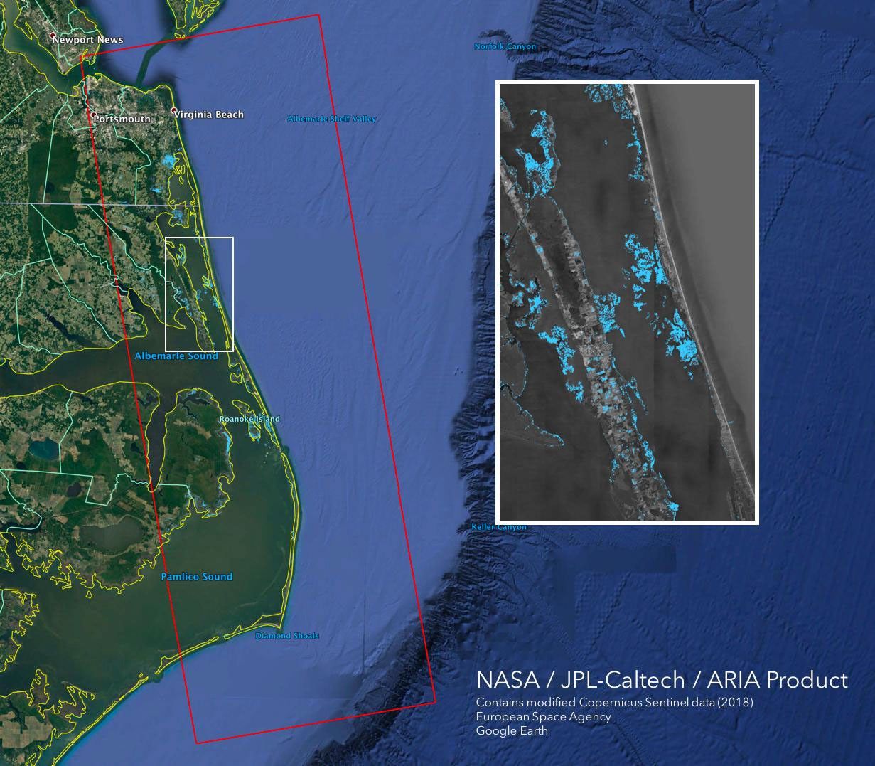 The ARIA team at NASA's Jet Propulsion Laboratory created this Flood Proxy Map depicting areas of the Carolinas that are likely flooded as a result of Hurricane Florence.