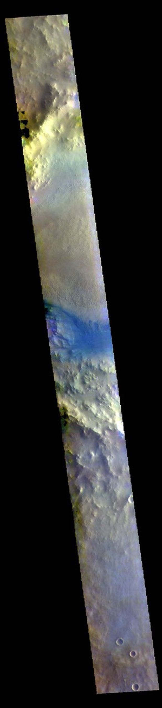 This image from NASA's Mars Odyssey shows part of a large crater. Basaltic sands are located between the crater rim and a large mound of material on the floor of the crater.