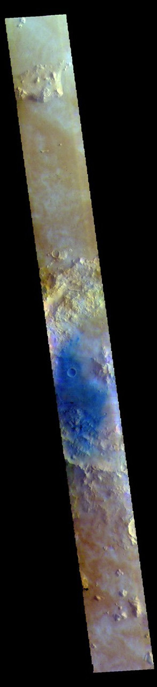 This image from NASA's Mars Odyssey shows Tombaugh Crater. Dark blue tones are basaltic sands of the floor of the crater.