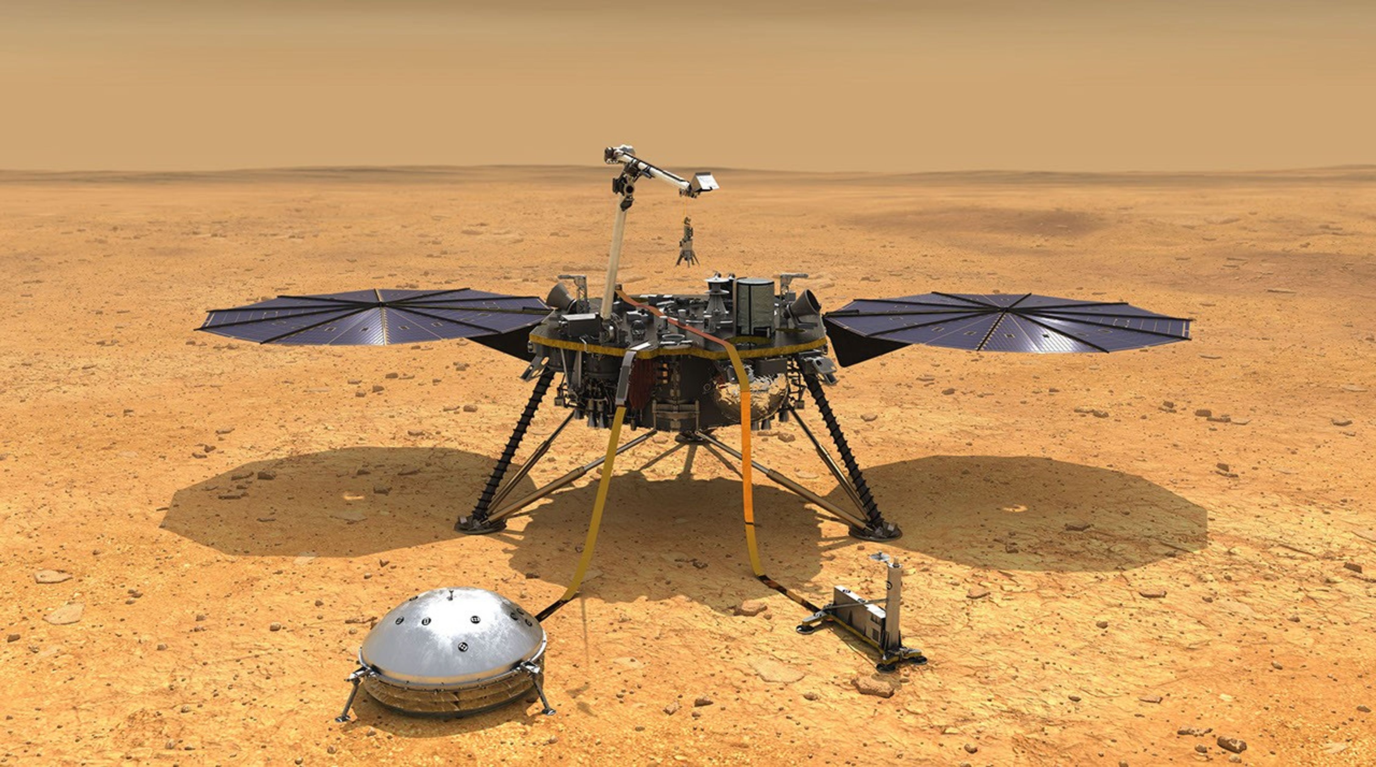 This artist's concept depicts NASA's InSight lander after it has deployed its instruments on the Martian surface.
