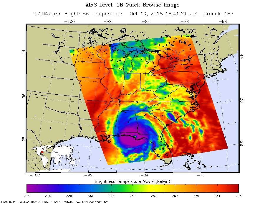 This image, taken on Oct. 10, 2018 by NASA's Aqua satellite shows the temperature of clouds or the surface in and around Hurricane Michael as the storm made landfall in the Florida panhandle.
