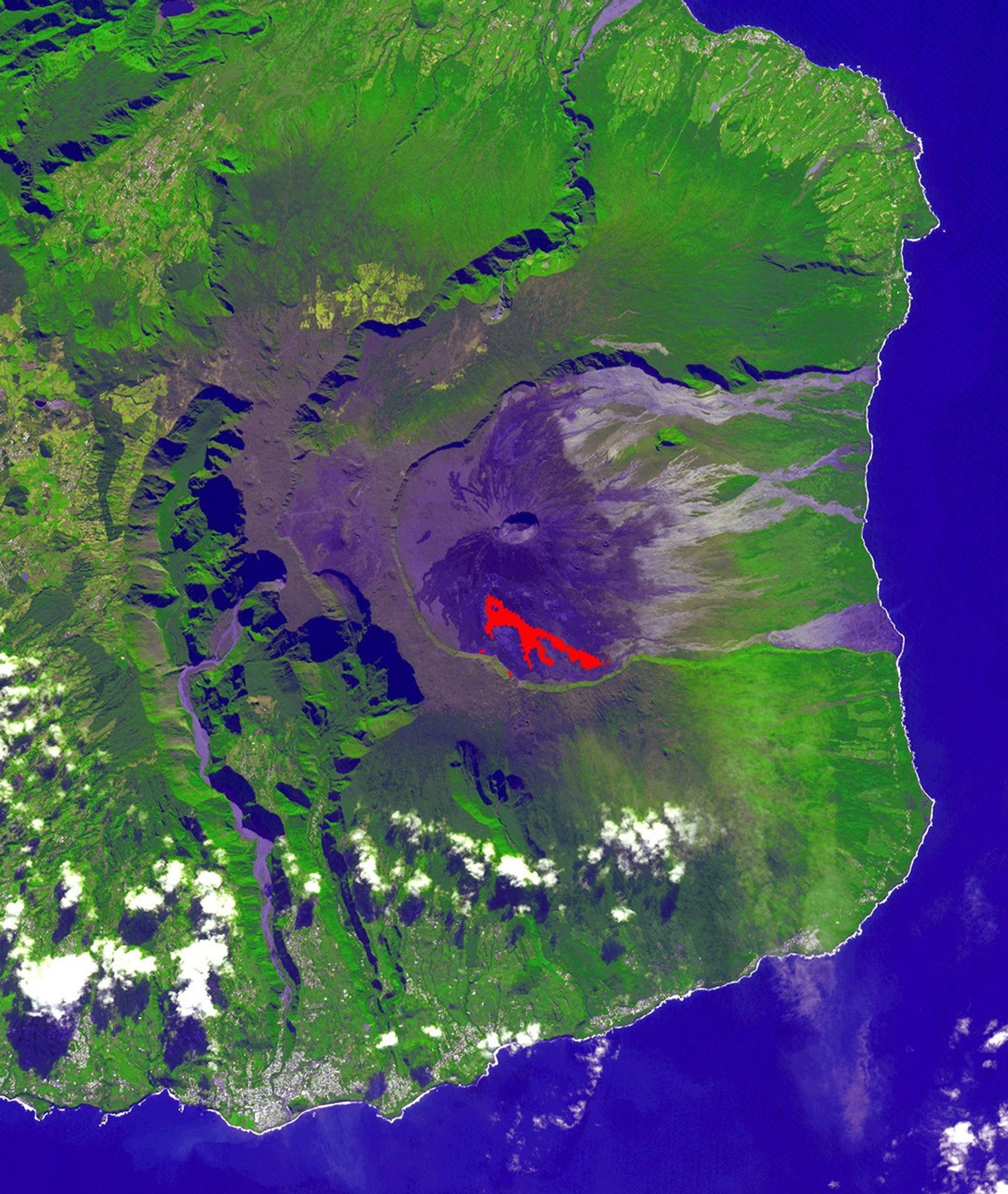 NASA's Terra spacecraft obtained this ASTER image of an eruption from Piton de la Fournaise volcano on Reunion Island in the Indian Ocean. The background image was acquired July 16, 2018, and the thermal image on November 1, 2018.
