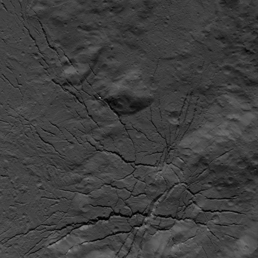 This image of a fracture network on the floor of Occator Crater on Ceres was obtained by NASA's Dawn spacecraft on July 26, 2018 from an altitude of about 94 miles (152 kilometers).
