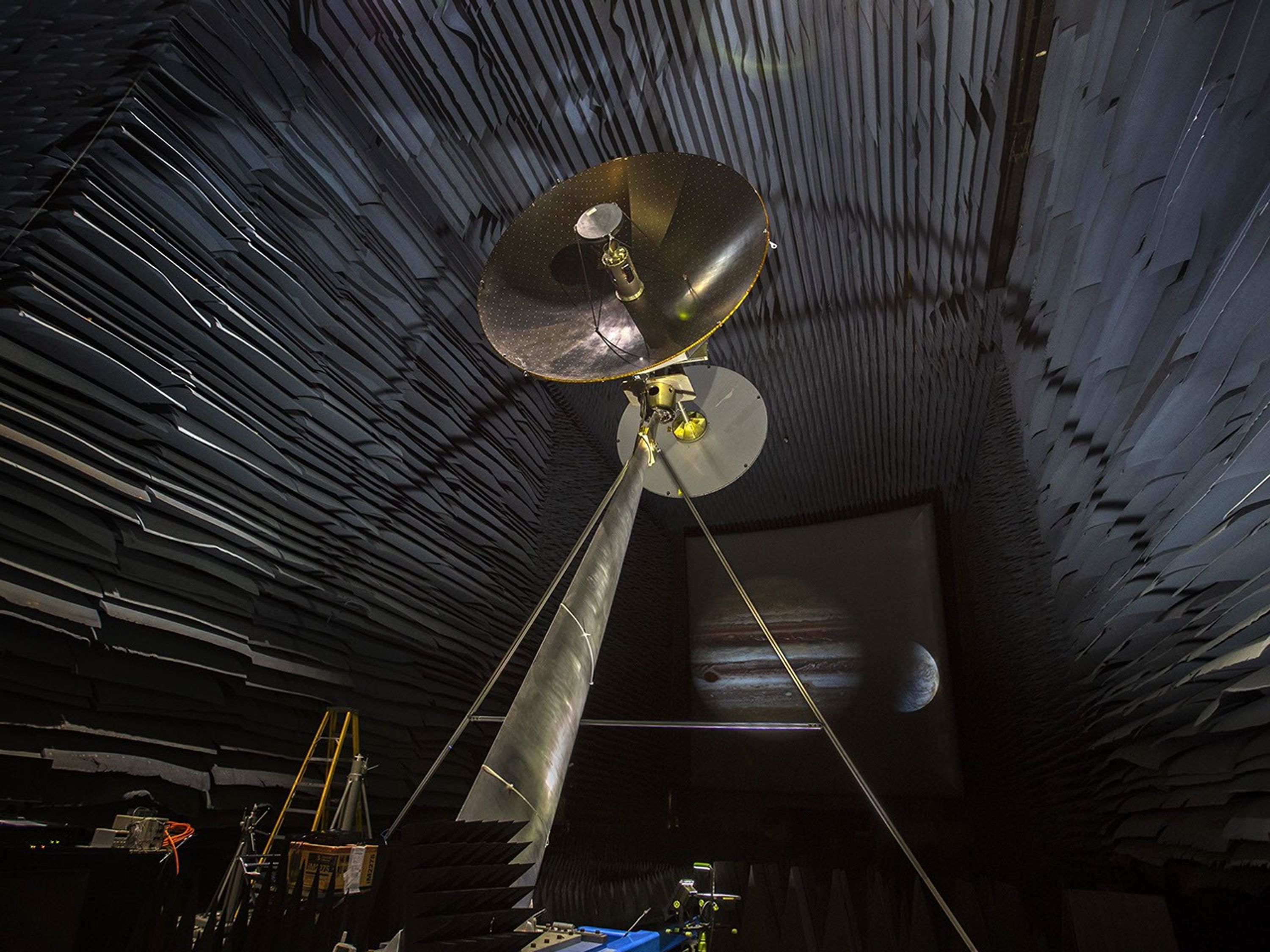 This image shows a full-scale prototype of the high-gain antenna on NASA’s Europa Clipper spacecraft, undergoing testing in the Experimental Test Range at Langley Research Center in Hampton, Virginia.