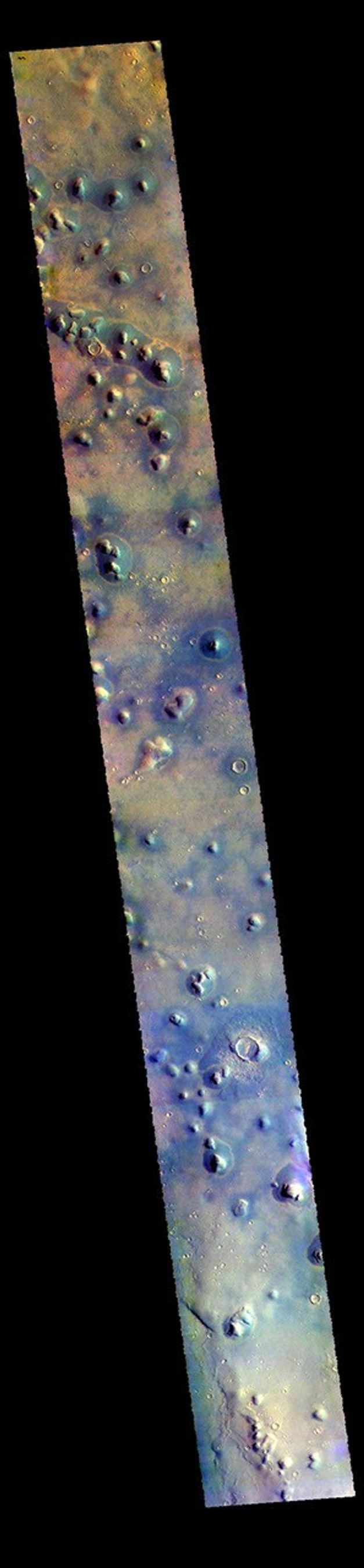 This image from NASA's Mars Odyssey shows some of the plains of Arcadia Planitia. Isolated small hills are a common feature in this part of the planitia.