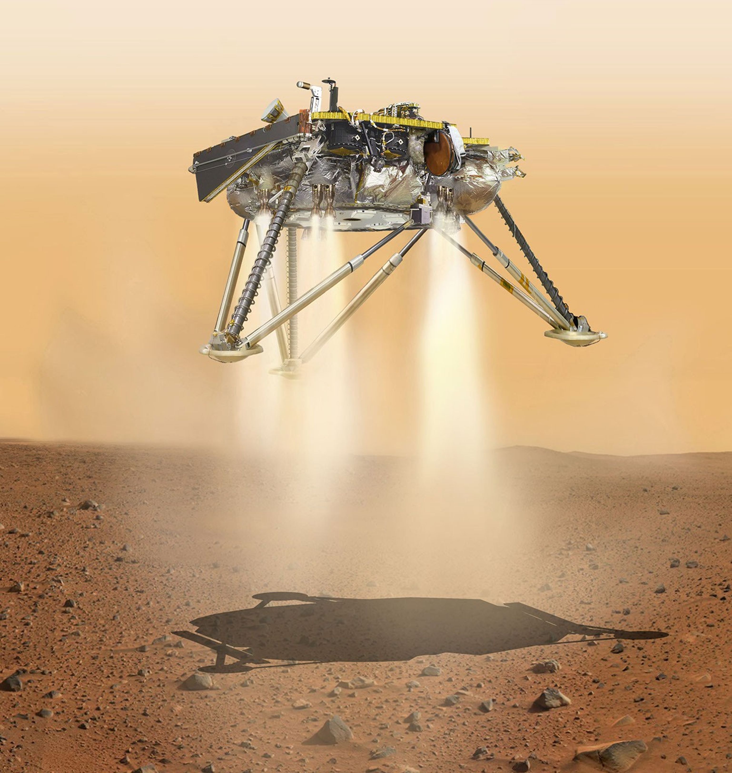 This is an illustration showing a simulated view of NASA's InSight lander about to land on the surface of Mars. This view shows the underside of the spacecraft.