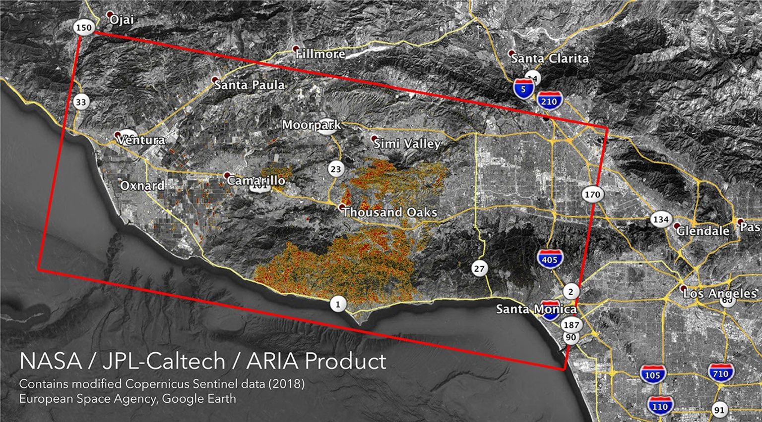 The ARIA team at NASA's Jet Propulsion Laboratory created these Damage Proxy Map (DPM) images depicting areas in Southern and Northern California that are likely damaged by the Woolsey and Camp Fires.