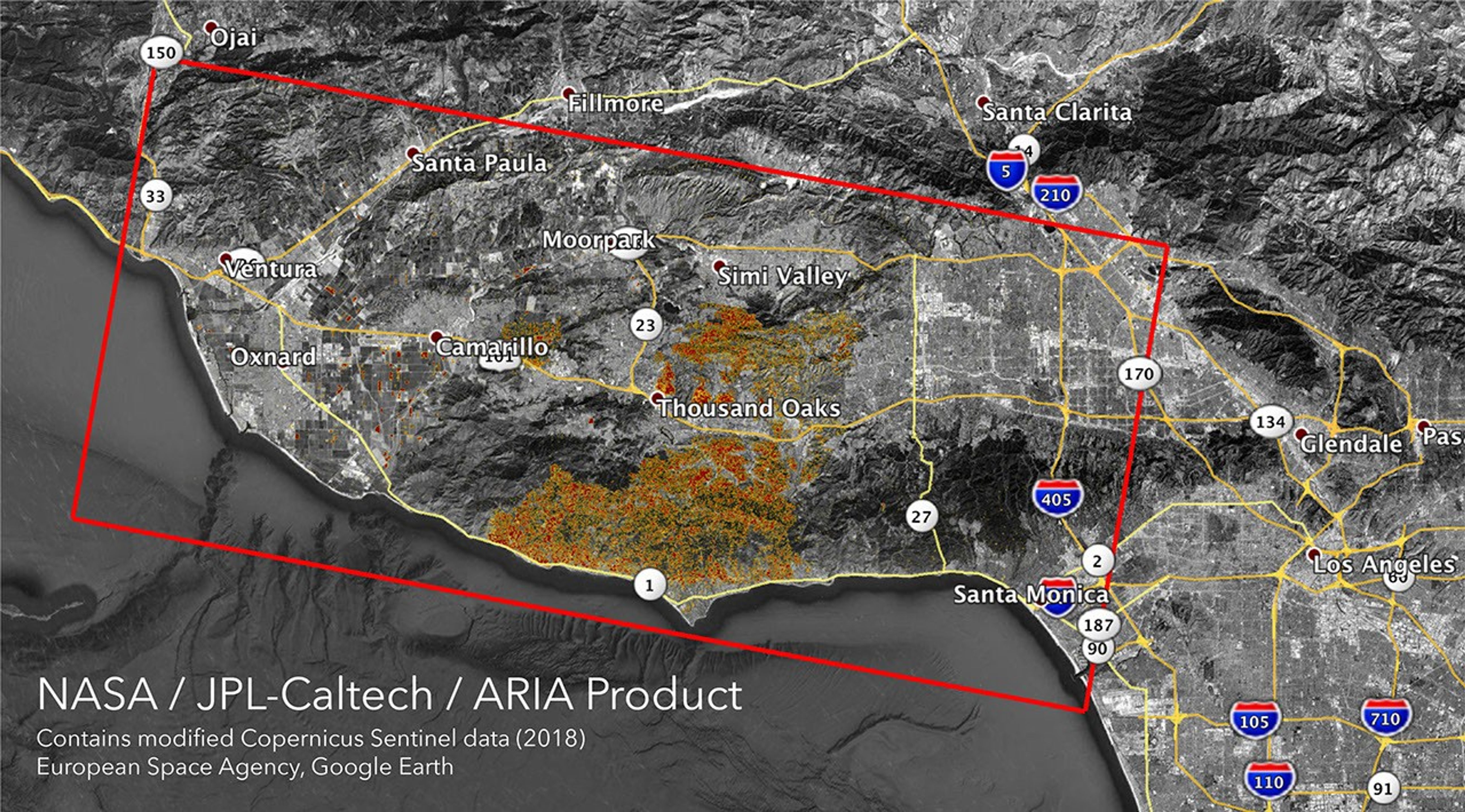 The ARIA team at NASA's Jet Propulsion Laboratory created these Damage Proxy Map (DPM) images depicting areas in Southern and Northern California that are likely damaged by the Woolsey and Camp Fires.