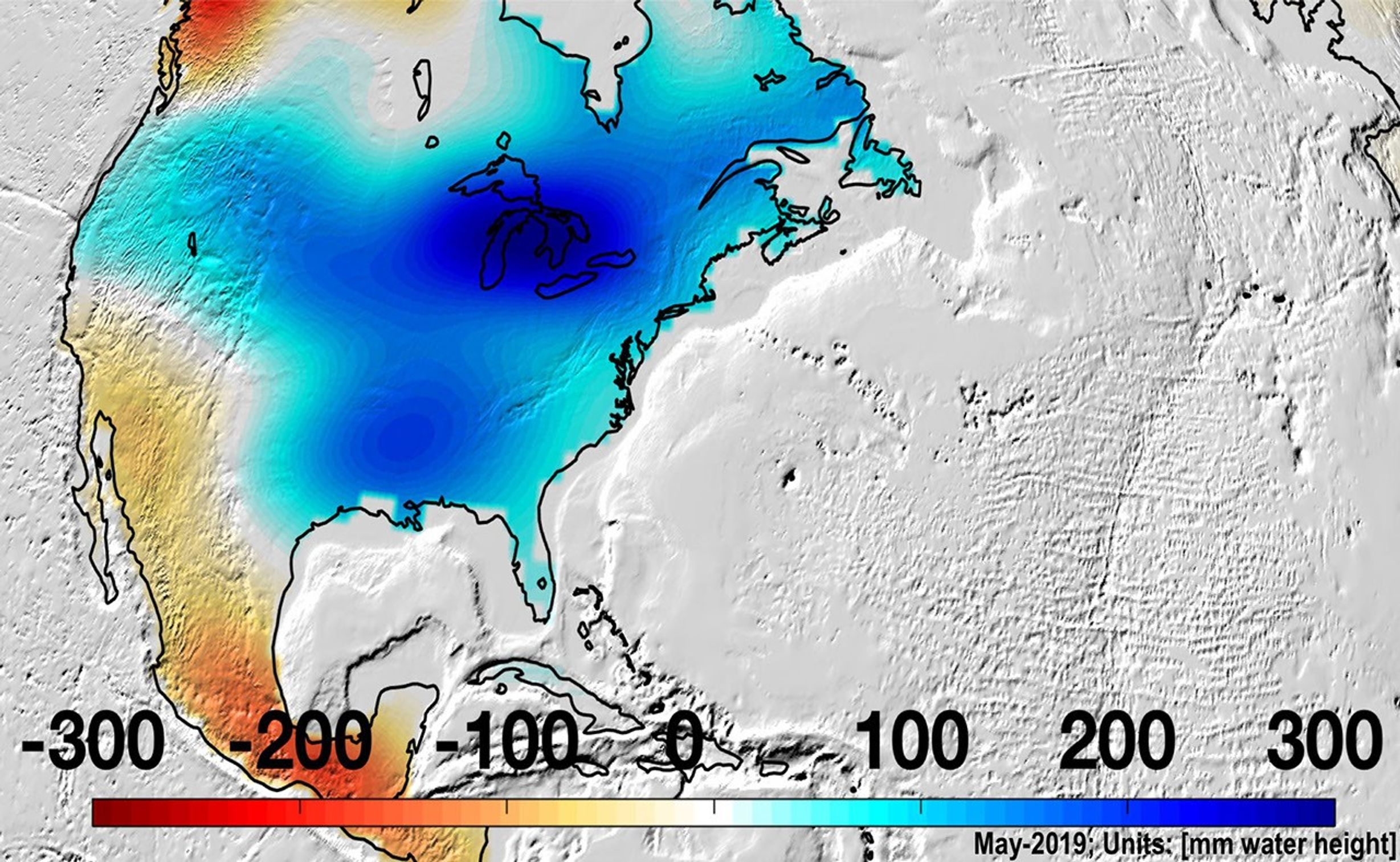 NASA's GRACE-FO shows North America was almost entirely above its long-term average in mass in May 2019, due to Midwestern flooding, with the runoff raising the Great Lakes to record levels.
