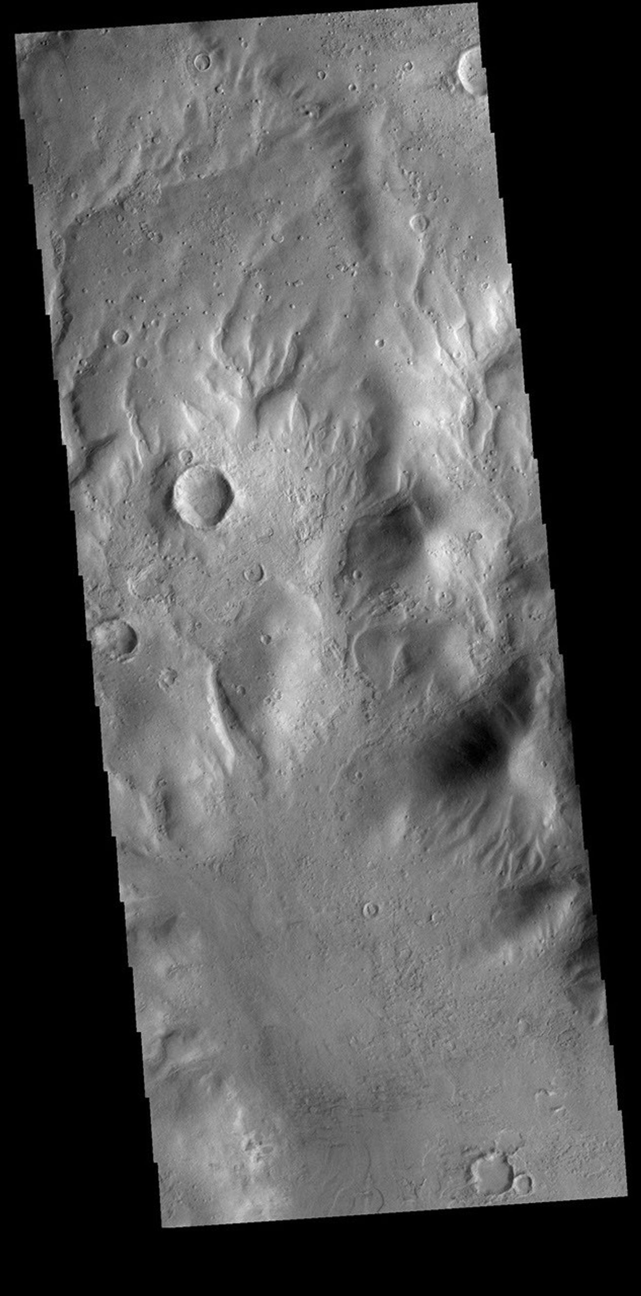 This image from NASA's Mars Odyssey shows several small channels. These channels are along the break in topography, that leads down into Argyre Planitia.