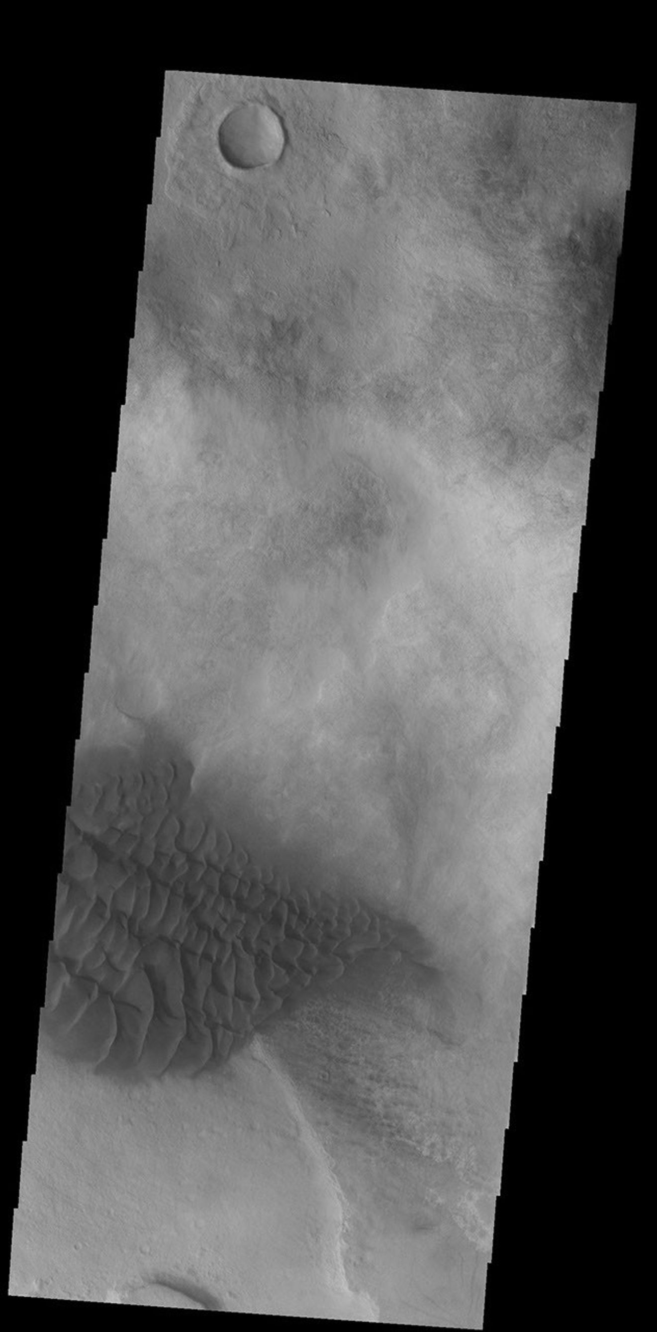 This image from NASA's Mars Odyssey shows Halley Crater, located on the western side of Argyre Planitia. Sand dunes cover part of the crater floor.