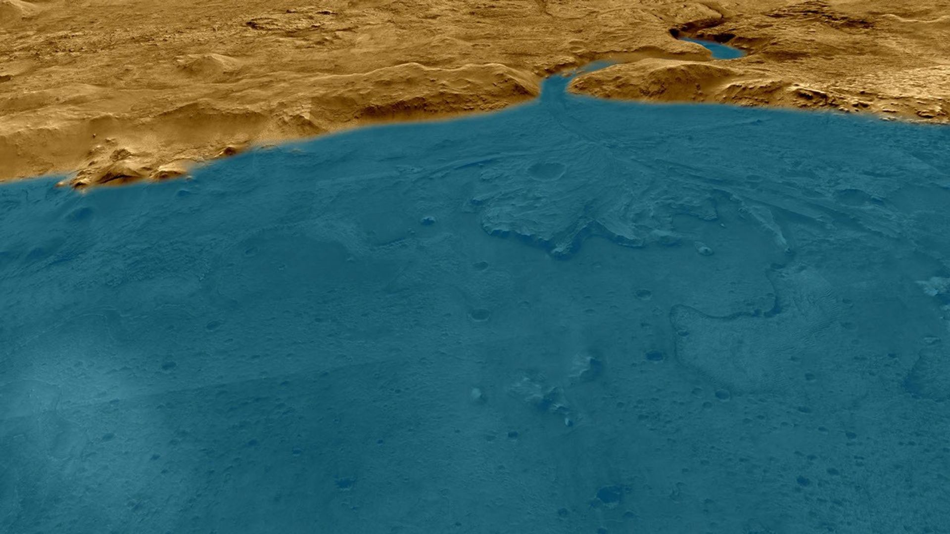This artist's concept depicts an aerial view of what the Jezero Crater area of Mars may have looked like billions of years ago.