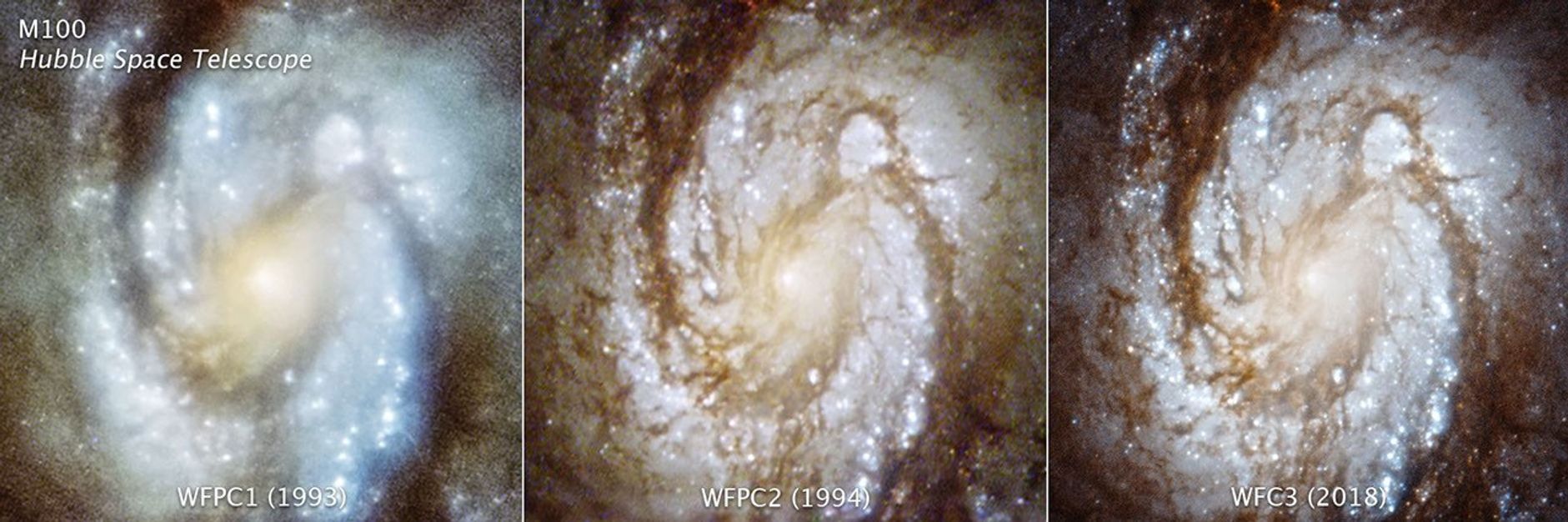 These images from NASA's Hubble Space Telescope show the central region of the spiral galaxy M100, taken with three generations of cameras that were sequentially swapped out, thus improving the capability of the observatory.