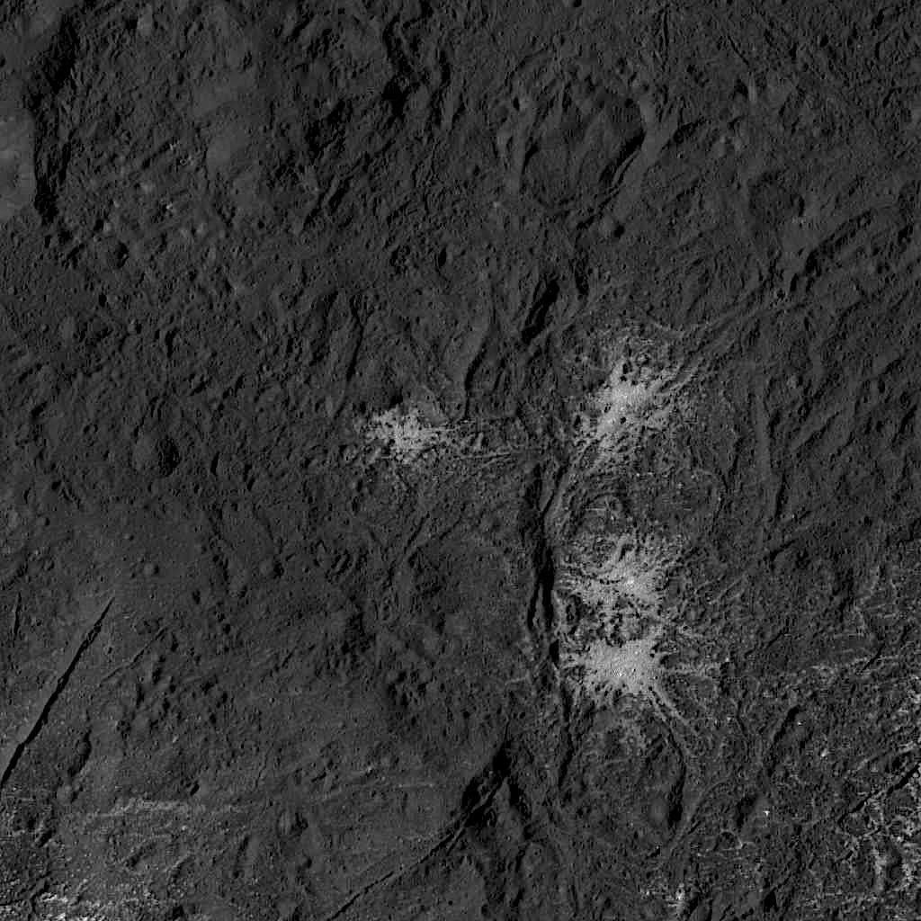This image of the eastern part of Occator Crater on Ceres was obtained by NASA's Dawn spacecraft on July 24, 2018 from an altitude of about 89 miles (143 kilometers).