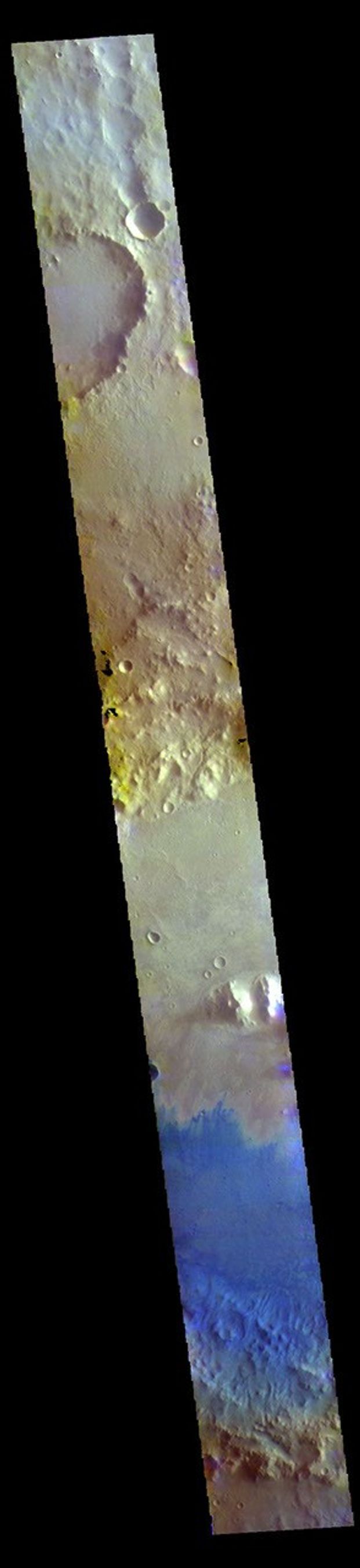 This image from NASA's Mars Odyssey shows part of the floor of Marth Crater. Dark blue tones typically indicate basaltic sands.