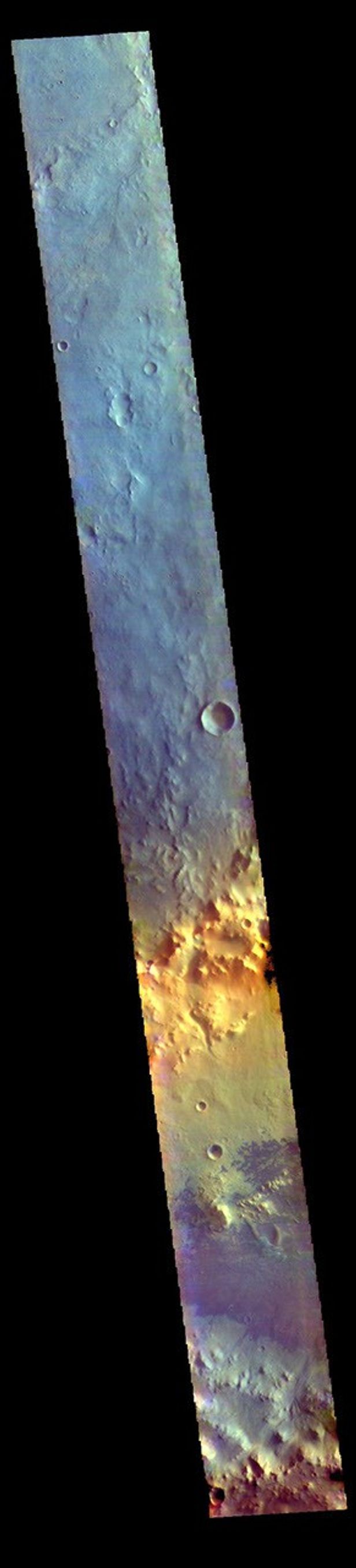 This image from NASA's Mars Odyssey shows an area in Arabia Terra. The crater at the bottom of the image contains a large region of sand dunes.