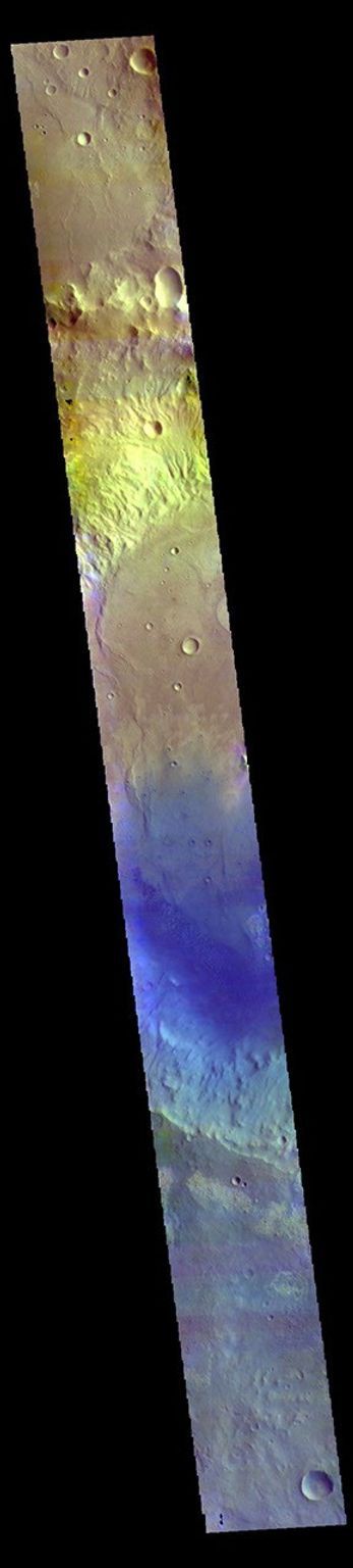 This image from NASA's Mars Odyssey shows part of the floor of Rutherford Crater. Blue tones in false color images are indicative of basaltic sand.
