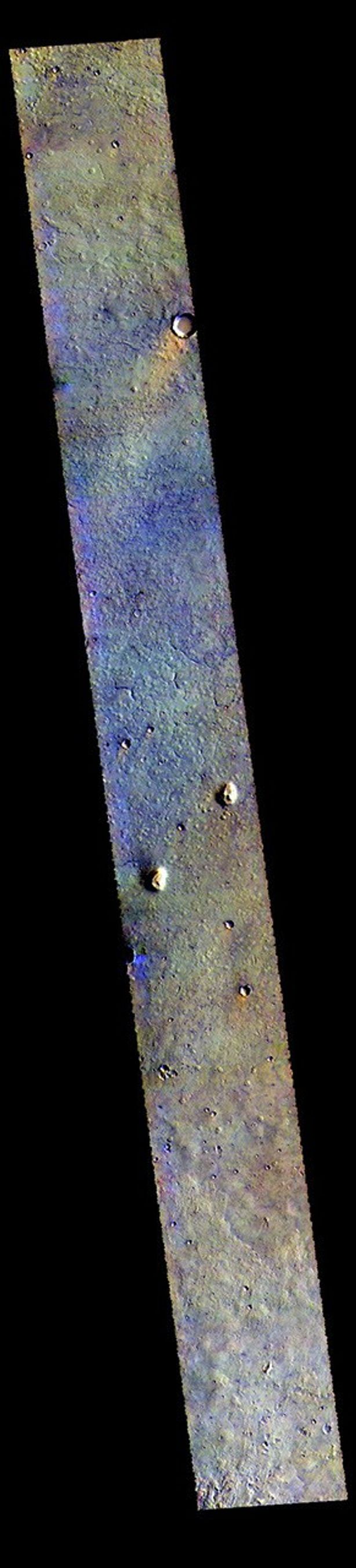 This image from NASA's Mars Odyssey shows the plains between Chryse and Acidalia Planitias. Dark blue tones in this false color combination are usually created by basaltic sands.