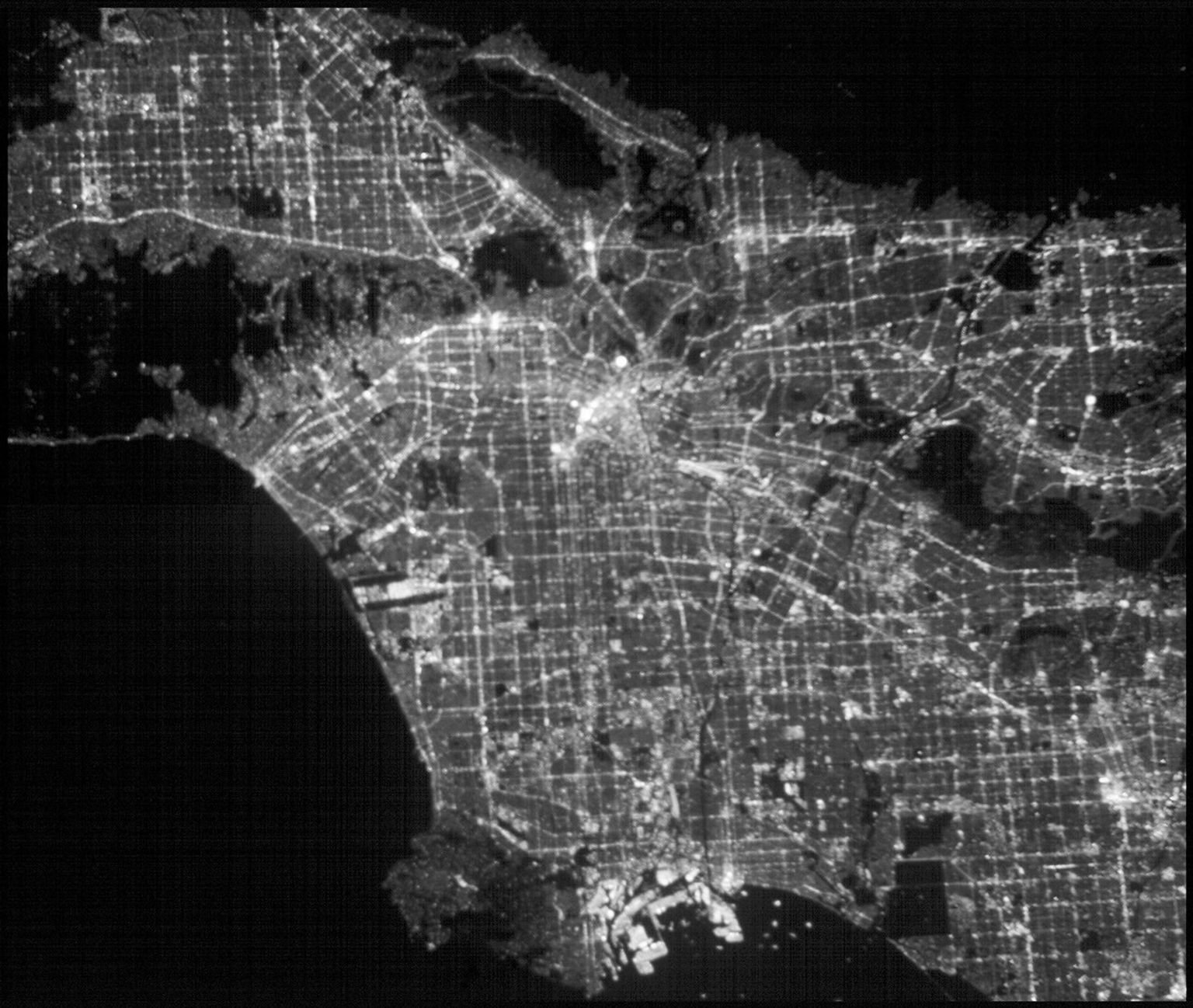 This image of the greater Los Angeles area was taken on March 29, 2019, by ASTERIA, the Arcsecond Space Telescope Enabling Research in Astrophysics satellite. It shows a region of about 43.5 square miles with a resolution of about 100 feet per pixel.