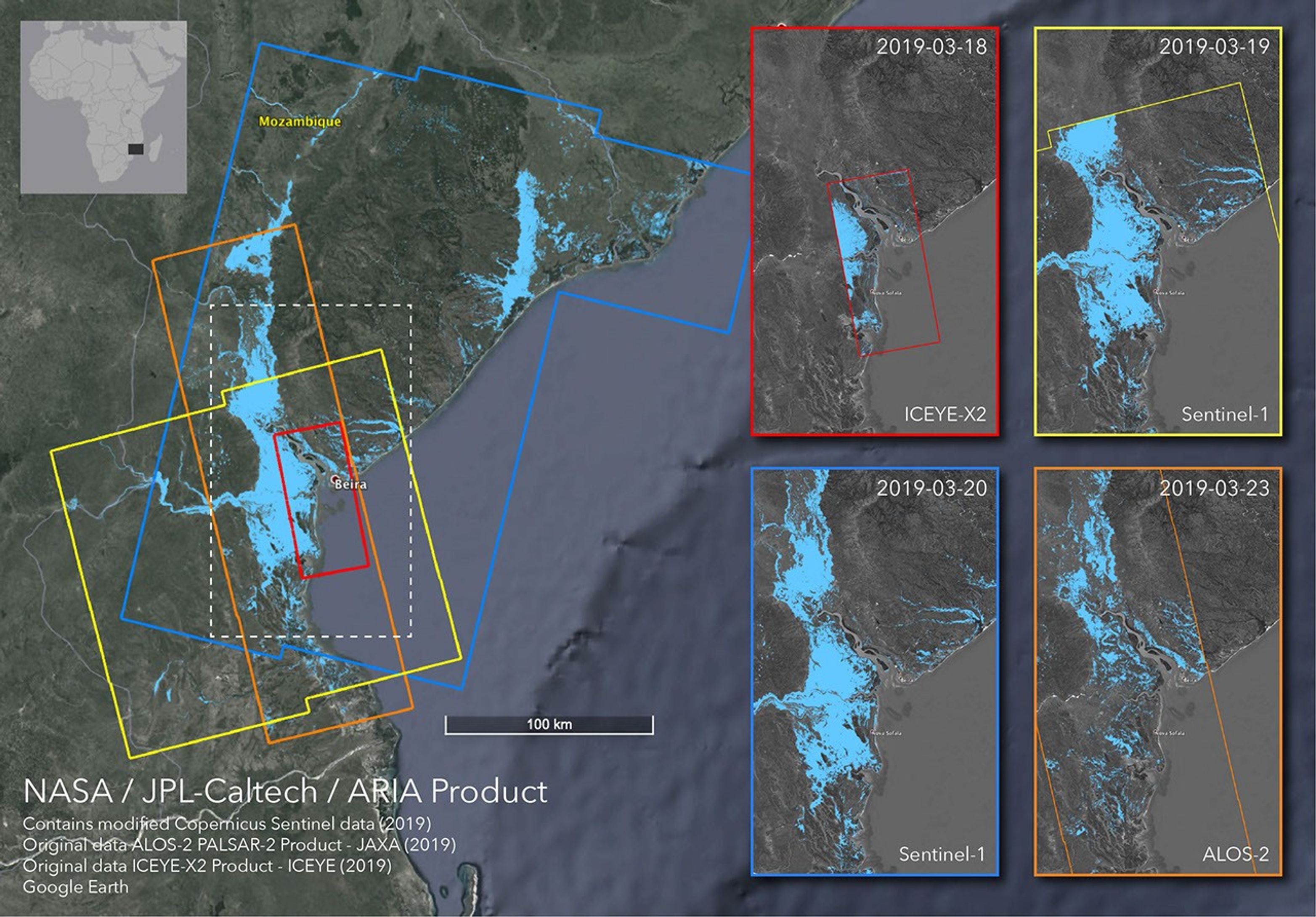 The ARIA team at NASA's Jet Propulsion Laboratory created these flood proxy maps depicting areas of Mozambique that are likely flooded as a result of Cyclone Idai.