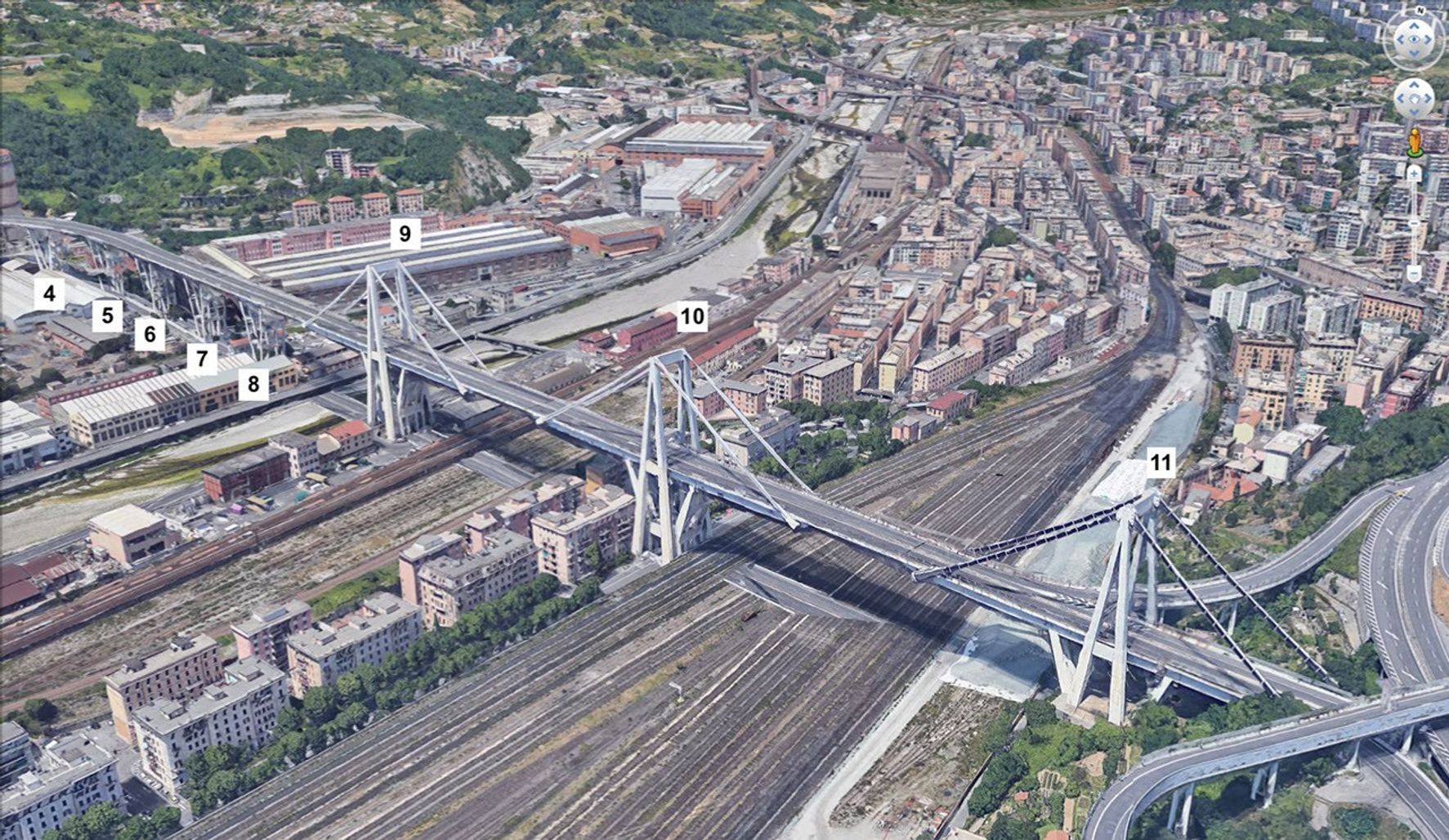 This image shows a satellite view of the Morandi Bridge in Genoa, Italy, prior to its August 2018 collapse.