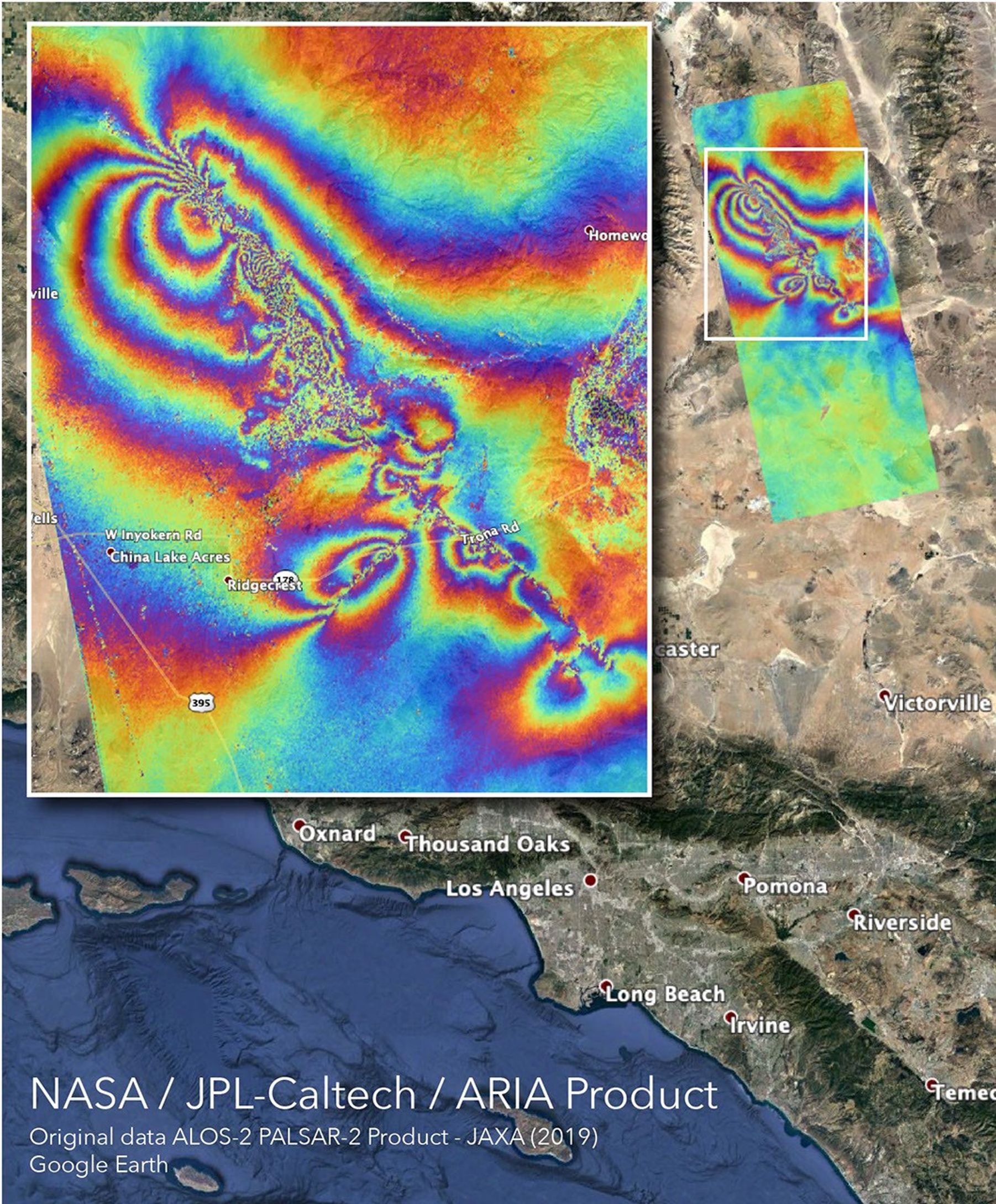 The ARIA team at NASA's Jet Propulsion Laboratory created this InSAR map that shows surface displacement caused by the recent major earthquakes in Southern California.
