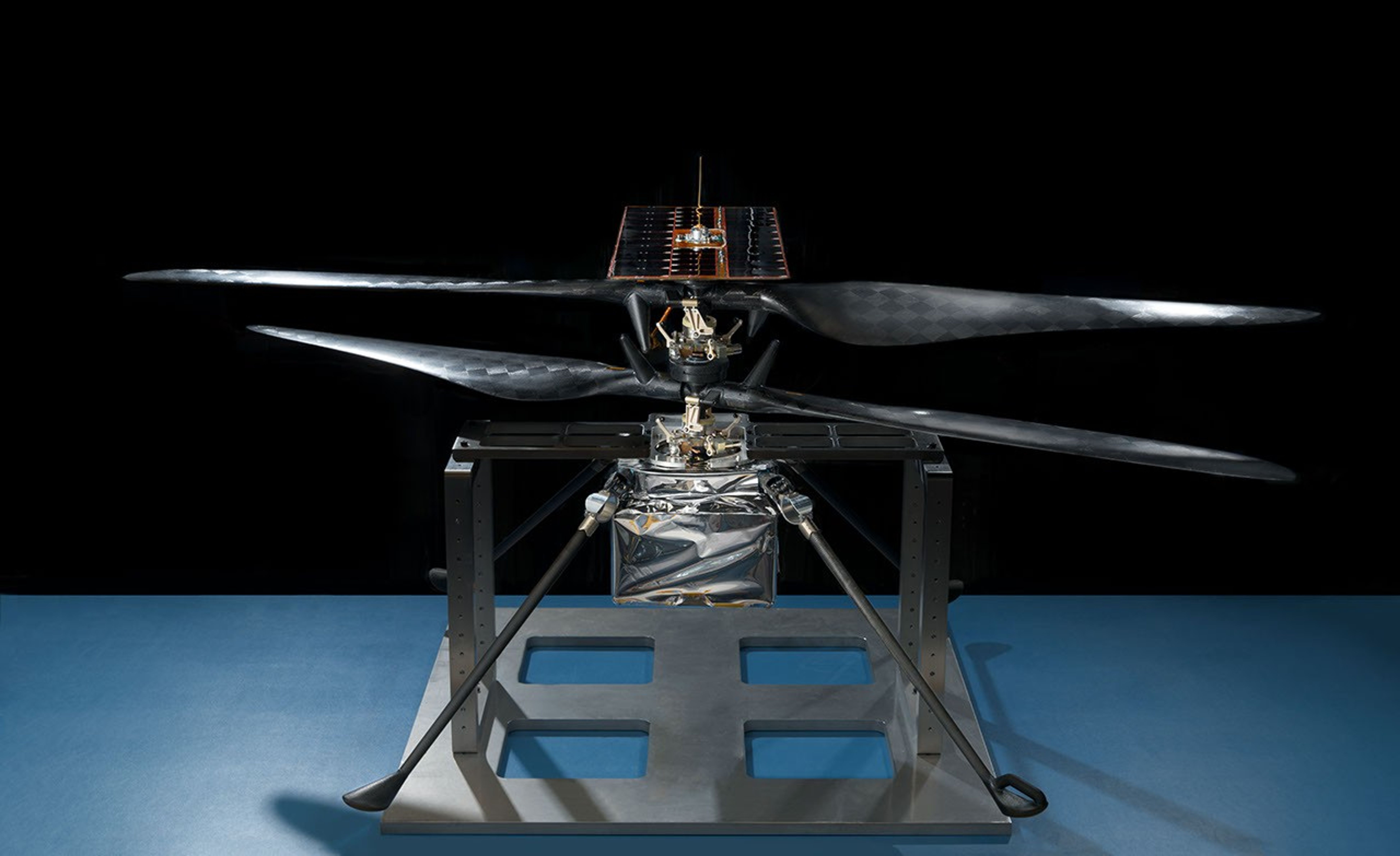 This image of the flight model of NASA's Mars Helicopter was taken on Feb. 14, 2019, in a cleanroom at NASA's Jet Propulsion Laboratory in Pasadena, California.