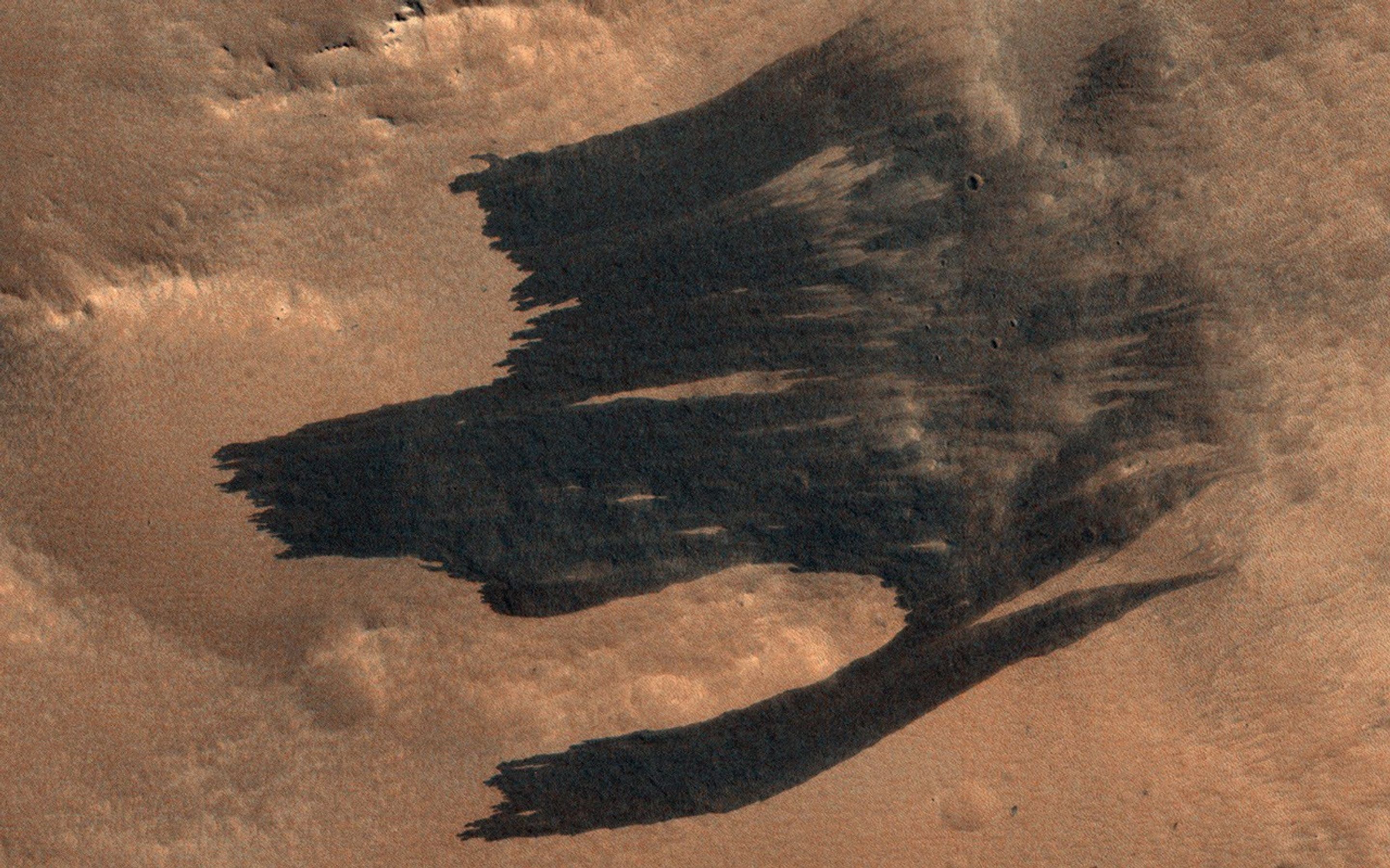 This image acquired on January 19, 2019 by NASA's Mars Reconnaissance Orbiter, shows what appears to be a new impact cluster and, extending downhill from the craters, new dark slope streaks.