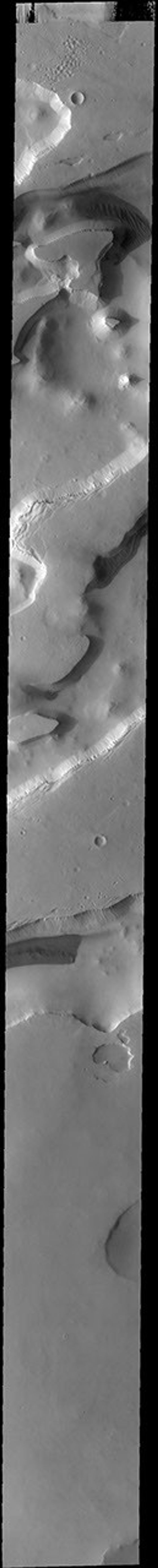 This image from NASA's Mars Odyssey shows part of Sisyphi Cavi located in Noachis Terra near the south polar cap.