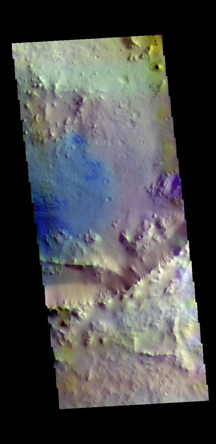 This image from NASA's Mars Odyssey shows an unnamed crater north of Meridiani Planum.