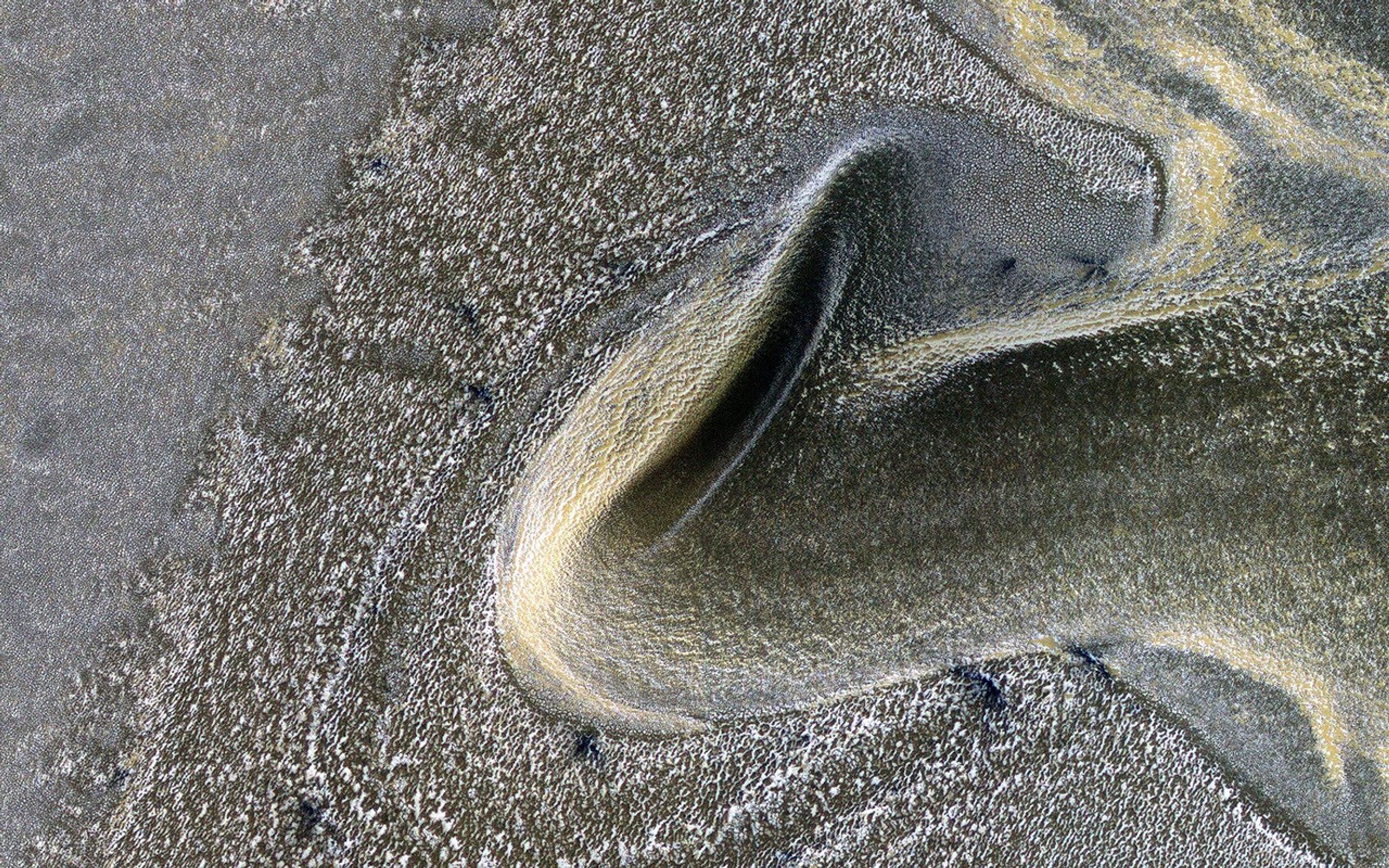 This image acquired on February 18, 2019 by NASA's Mars Reconnaissance Orbiter, shows late winter angled illumination over dunes covered by carbon dioxide frost mixed with dust.