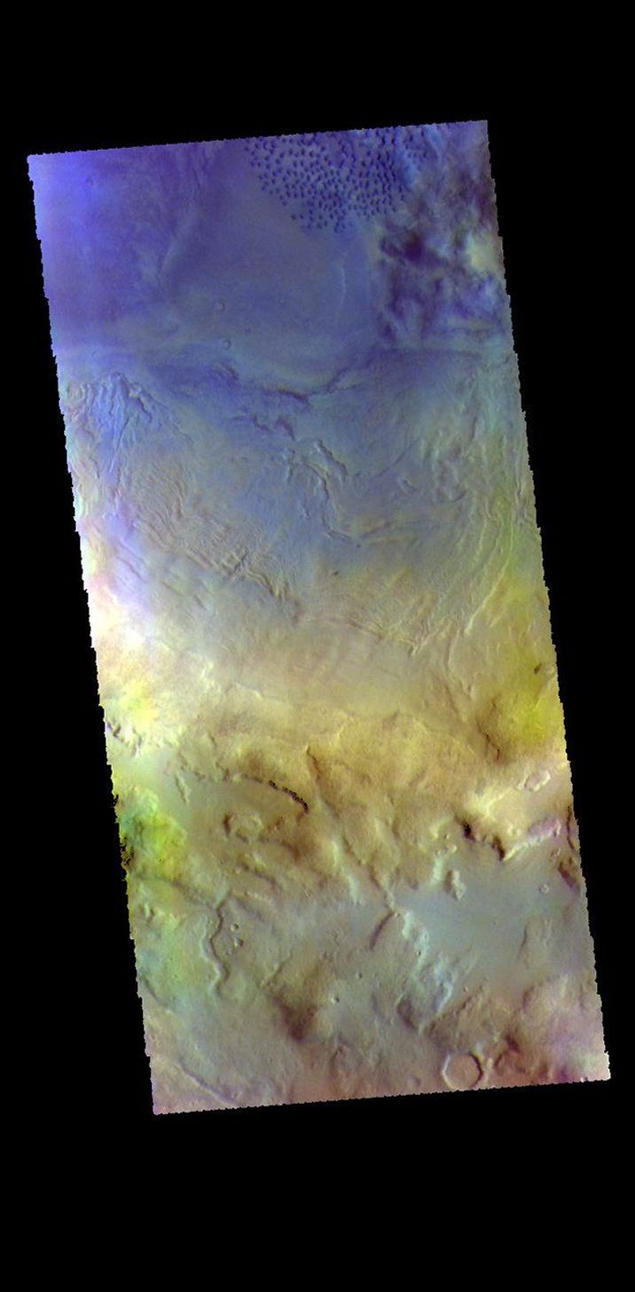 This image from NASA's Mars Odyssey shows part of the floor of Renaudot Crater, located on the margin between Terra Sabaea and Utopia Planitia.