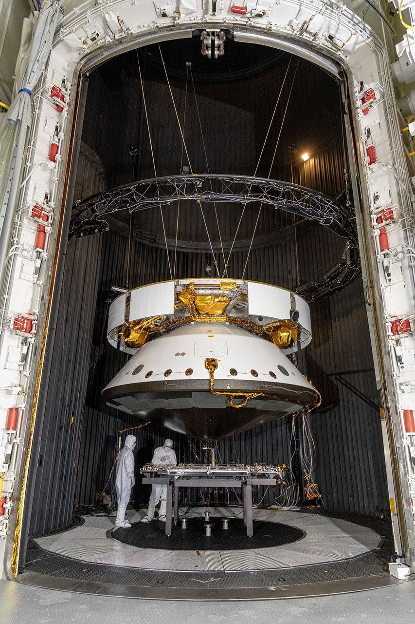 Engineers prepare the Mars 2020 spacecraft for a thermal vacuum (TVAC) test in the Space Simulator Facility at NASA's Jet Propulsion Laboratory in Pasadena, California.