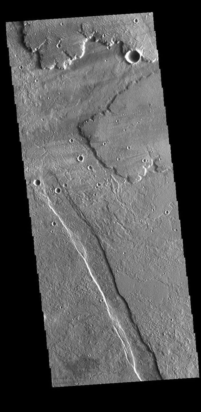 This image from NASA's Mars Odyssey shows lava flows from Alba Mons, and a tectonic graben called Cyane Fossae.