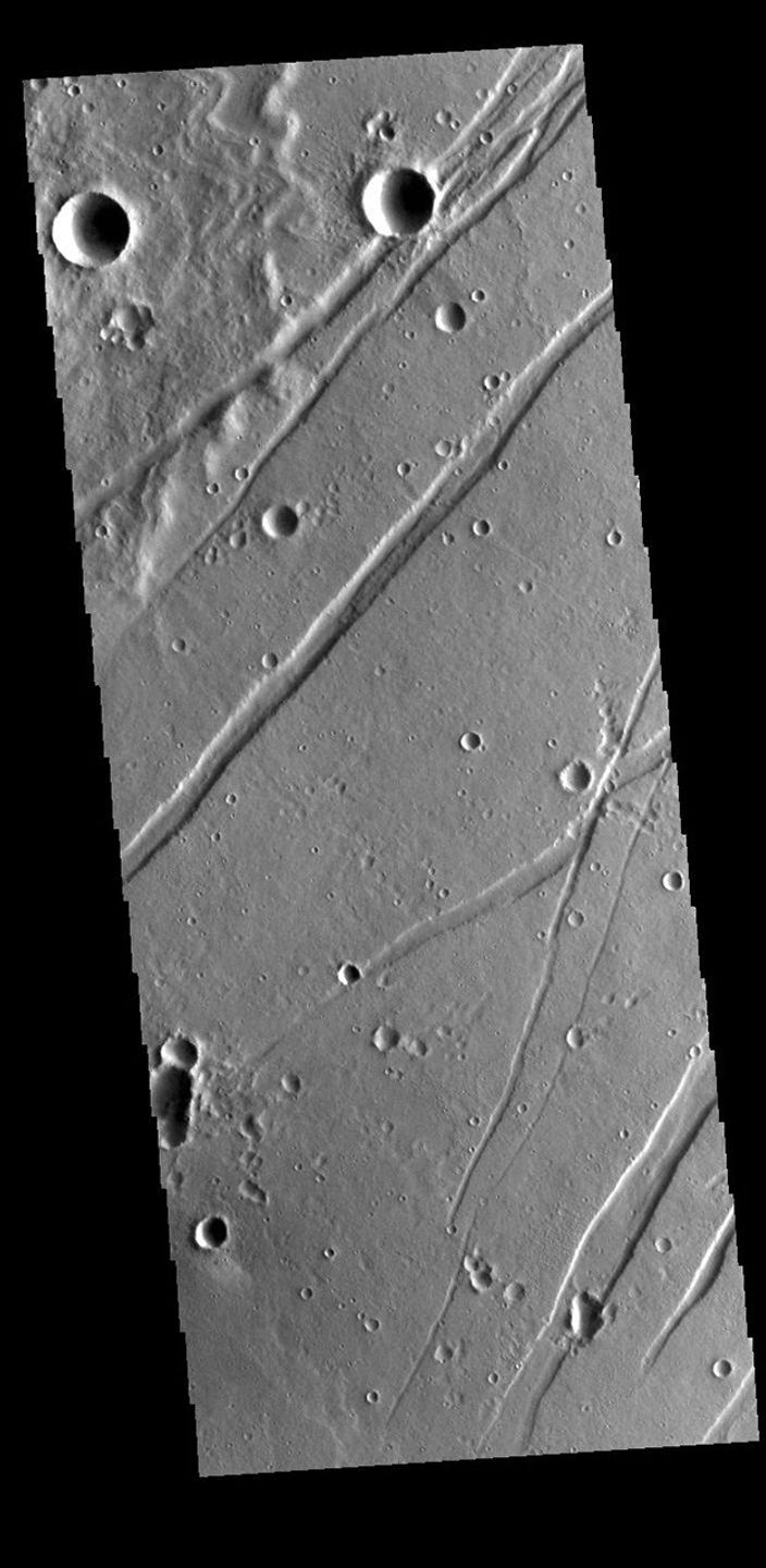 This image from NASA's Mars Odyssey shows linear depressions, graben, called Labeatis Fossae.