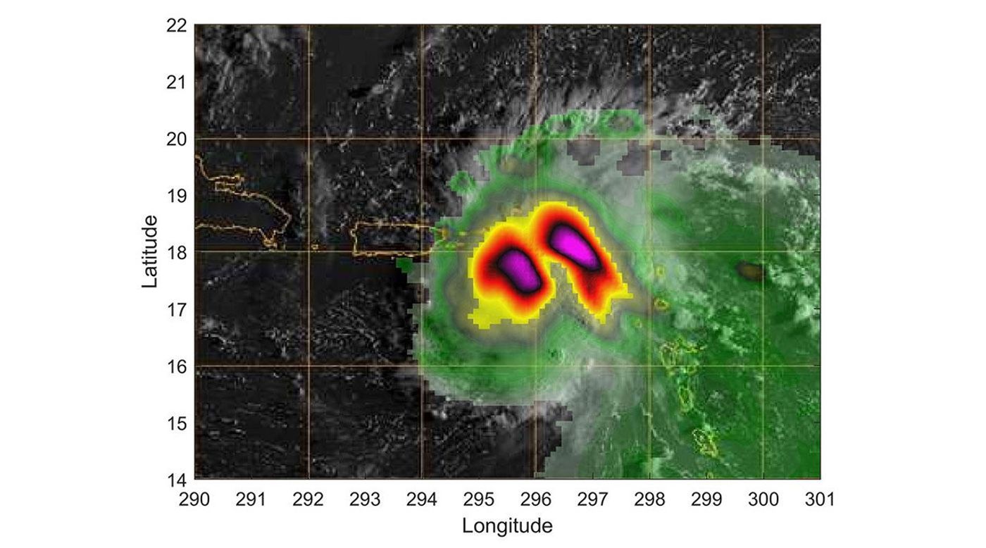 Hurricane Dorian off the coast of Puerto Rico, as seen by the small satellite TEMPEST-D on Aug. 28, 2019 (local time). The colors in the image reveal the heavy rain and moisture inside the storm.