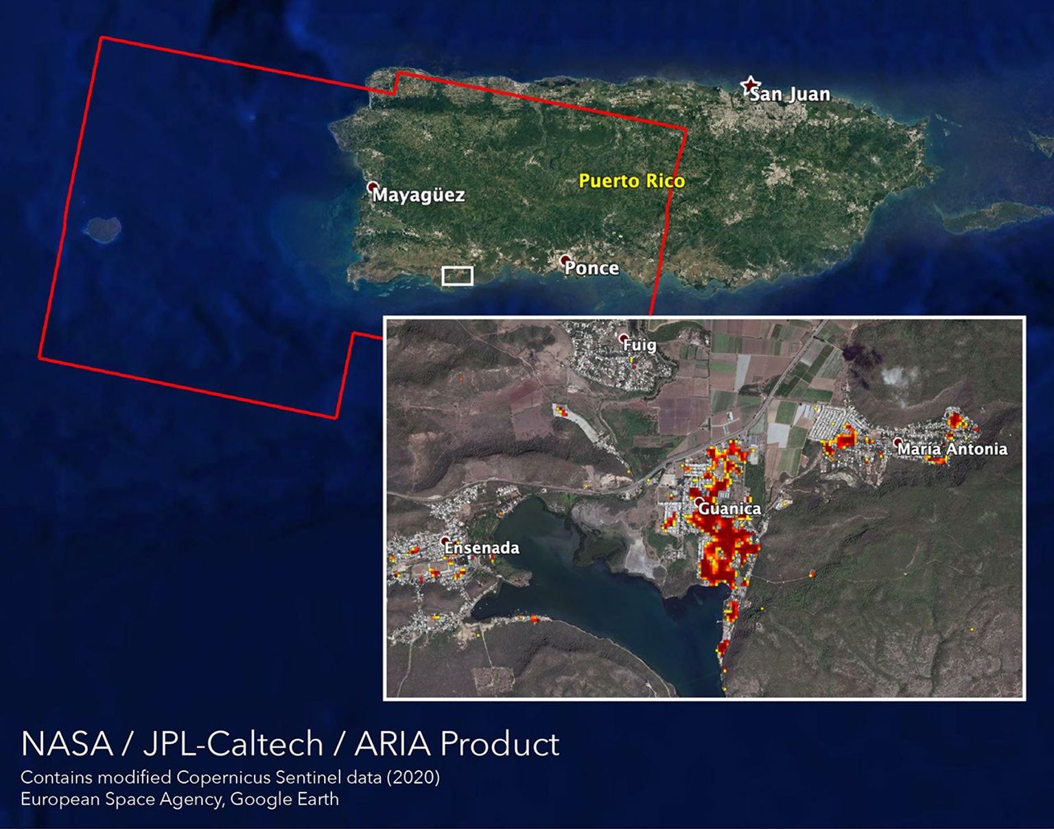 NASA's ARIA team mapped damage in southwestern Puerto Rico following a 6.4-magnitude quake and hundreds of aftershocks. Guanica, west of the city of Ponce, was particularly hard-hit.