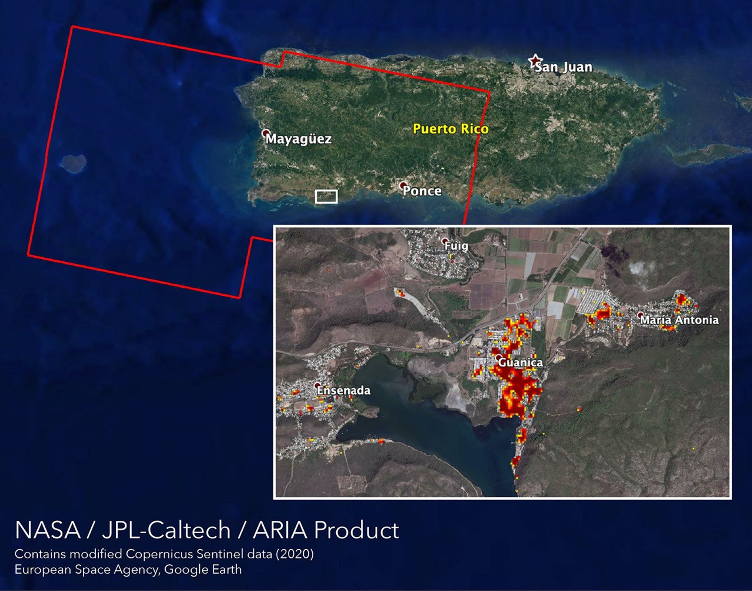 NASA's ARIA team mapped damage in southwestern Puerto Rico following a 6.4-magnitude quake and hundreds of aftershocks. Guanica, west of the city of Ponce, was particularly hard-hit.