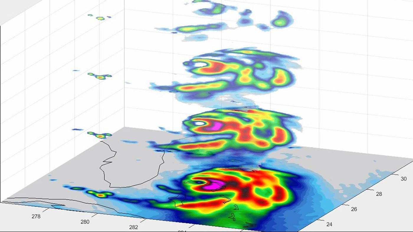 Hurricane Dorian off the coast of Florida, as seen by the small satellite TEMPEST-D at 2 a.m. EDT on Sep. 3, 2019 (11 p.m PDT on Sept. 2, 2019). The layers in the animation reveal slices of the hurricane from four depths.
