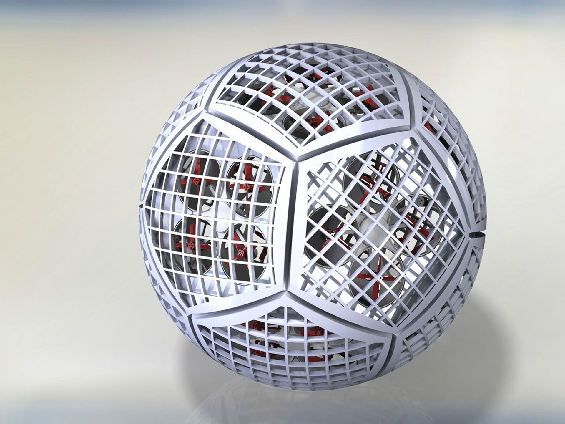 An illustration of the small robots that form Shapeshifter. Dubbed 'cobots,' they each have a propeller for flying and can combine to form a sphere, rolling on the ground to save energy.