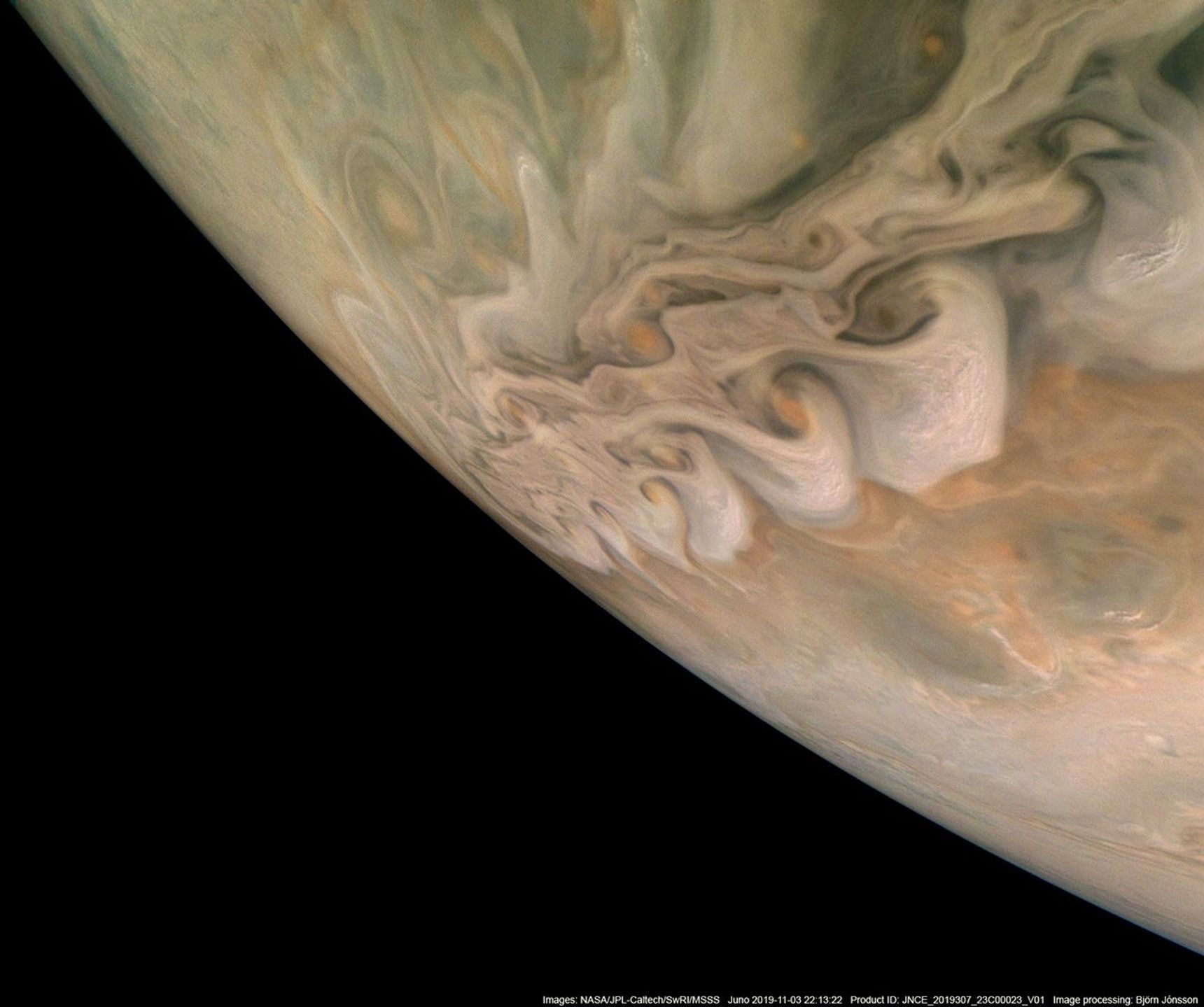 NASA's Juno spacecraft captured this impressive image revealing a band of swirling clouds in Jupiter's northern latitudes during Juno's close flyby on Nov. 3, 2019.