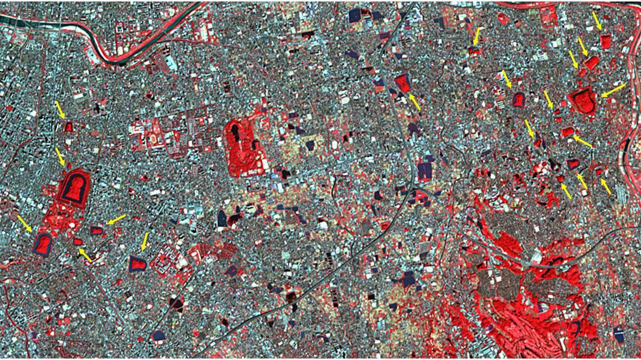 NASA's Terra spacecraft shows the Mozu Tombs, a group of megalithic tombs in Sakai, Japan, in the Osaka Plain.