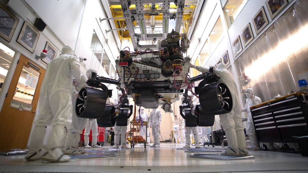 This time-lapse video, taken on Oct. 8, 2019, at NASA's Jet Propulsion Laboratory in Pasadena, California, captures the first time the Mars 2020 rover carries its full weight on its legs and wheels.