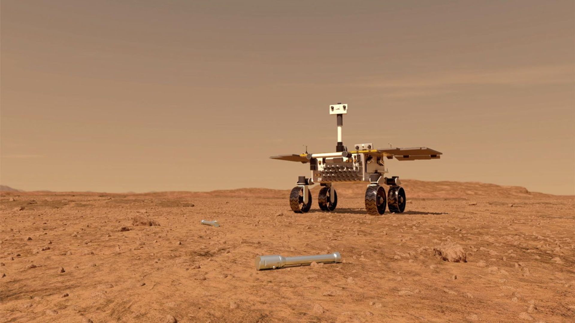 This illustration shows a concept of what a rover fetching rock and soil samples on Mars for return to Earth could look like.