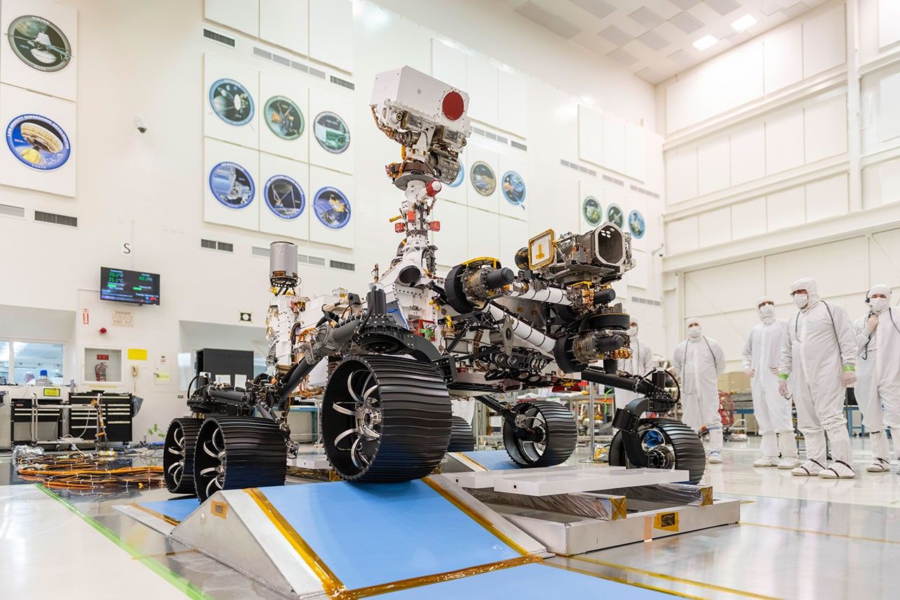 In a clean room at NASA's Jet Propulsion Laboratory in Pasadena, California, engineers observed the first driving test for NASA's Mars 2020 rover on Dec. 17, 2019.