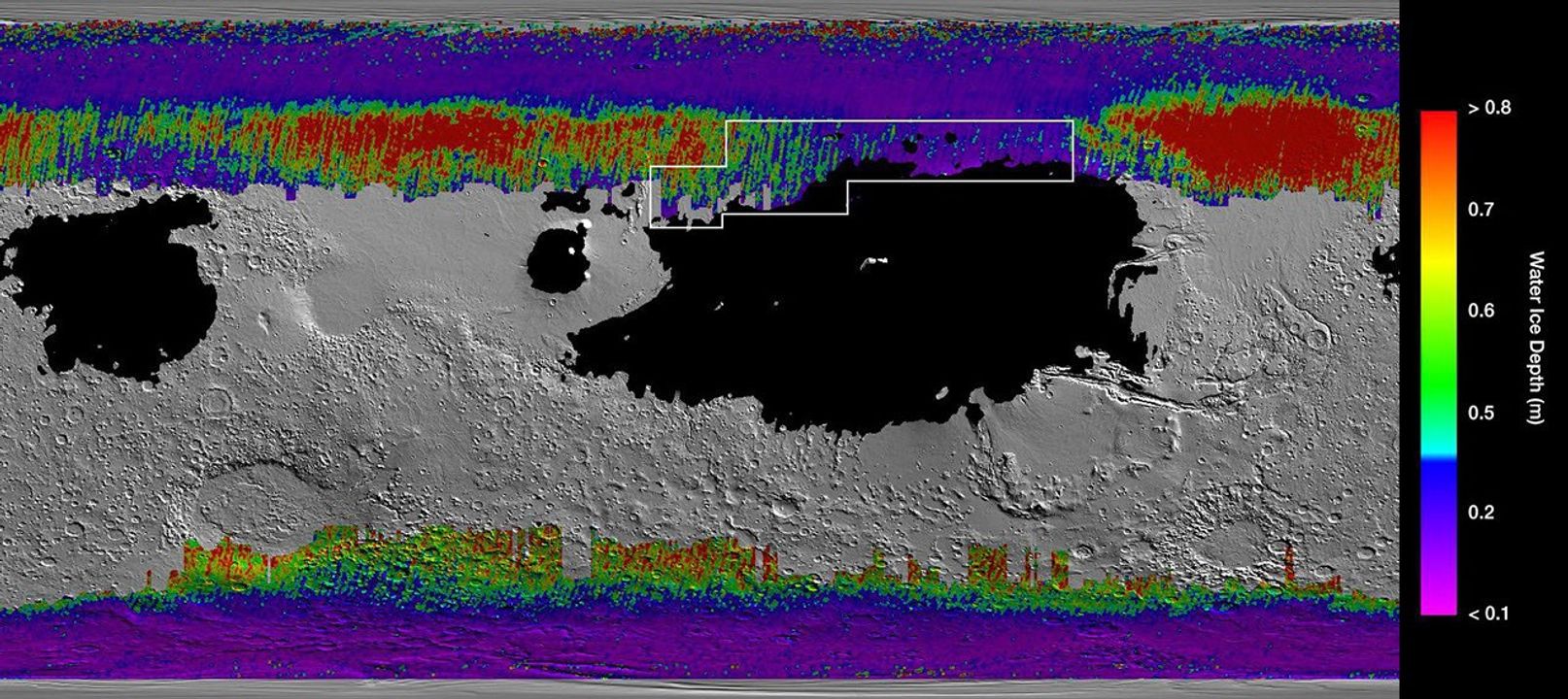 This rainbow-colored map shows underground water ice on Mars.