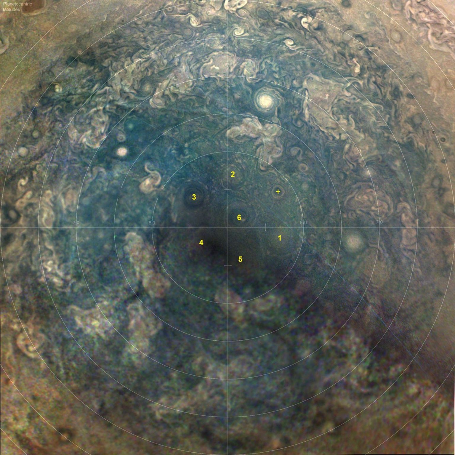 NASA's Juno spacecraft captured this image of a sixth circumpolar cyclone in the cluster around Jupiter's south pole.