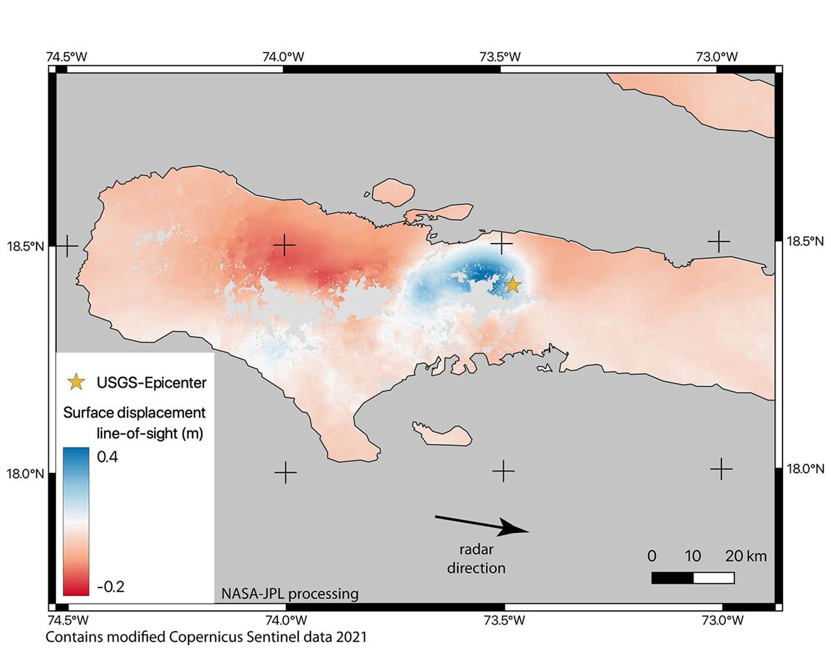 The map shows the amount of permanent surface movement caused by a 7.2 magnitude quake in western Haiti on Aug. 14, 2021. Blue areas show where the ground moved toward the satellite and red areas show where it moved away from the satellite.