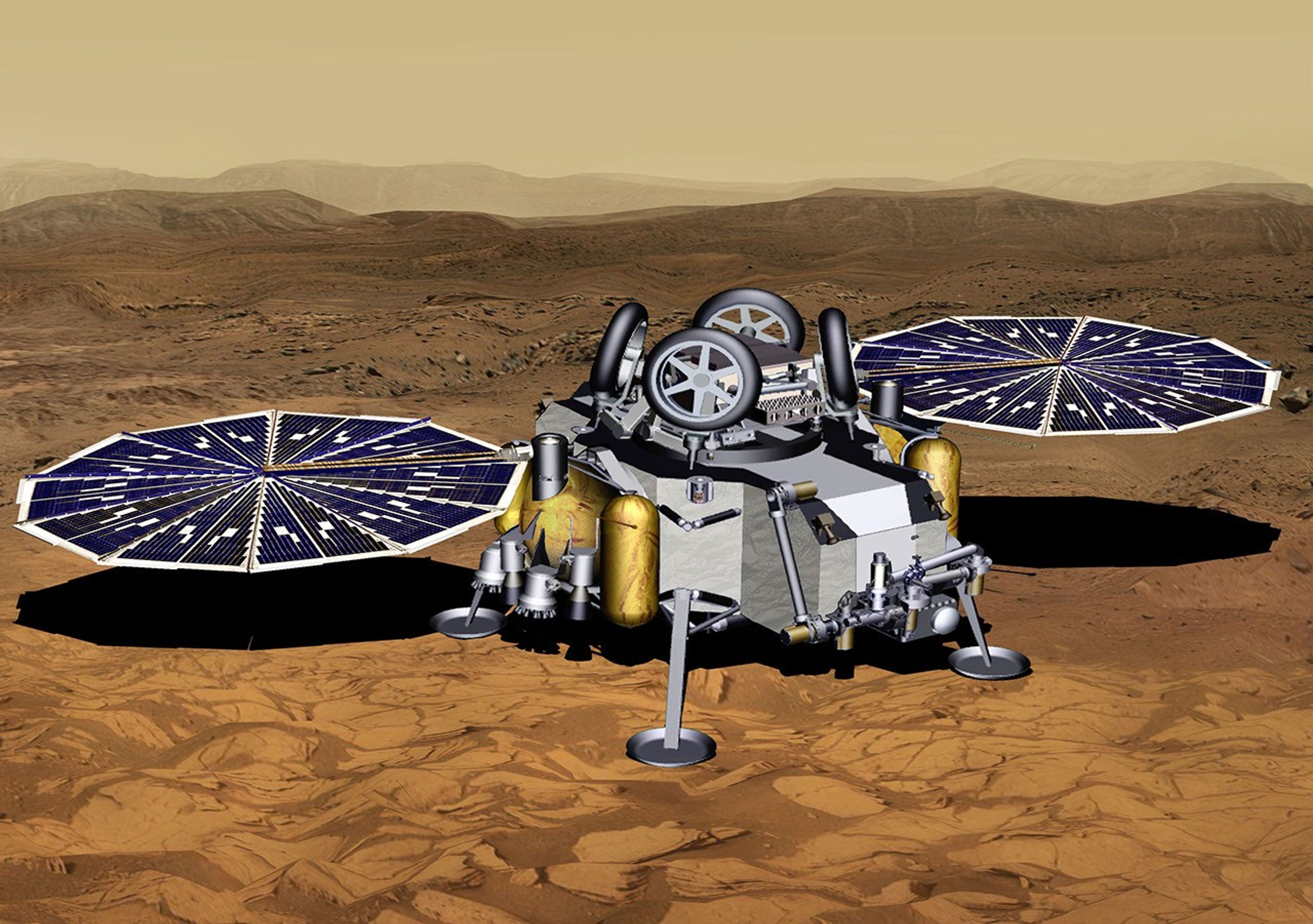 This illustration of a Mars sample return mission's lander concept shows a spacecraft after touchdown on the Red Planet.